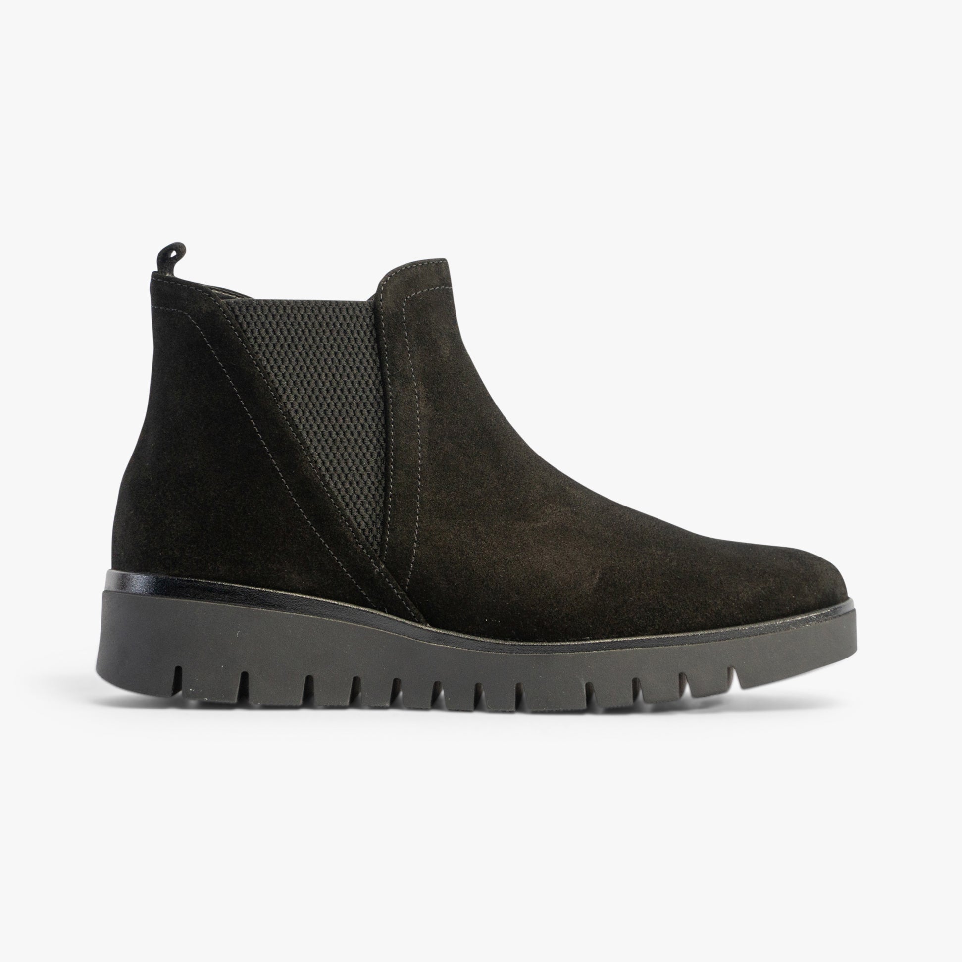 Gabor DUBLIN Womens Boots Black side view featuring suede upper, elasticated side panel, and wedge sole.