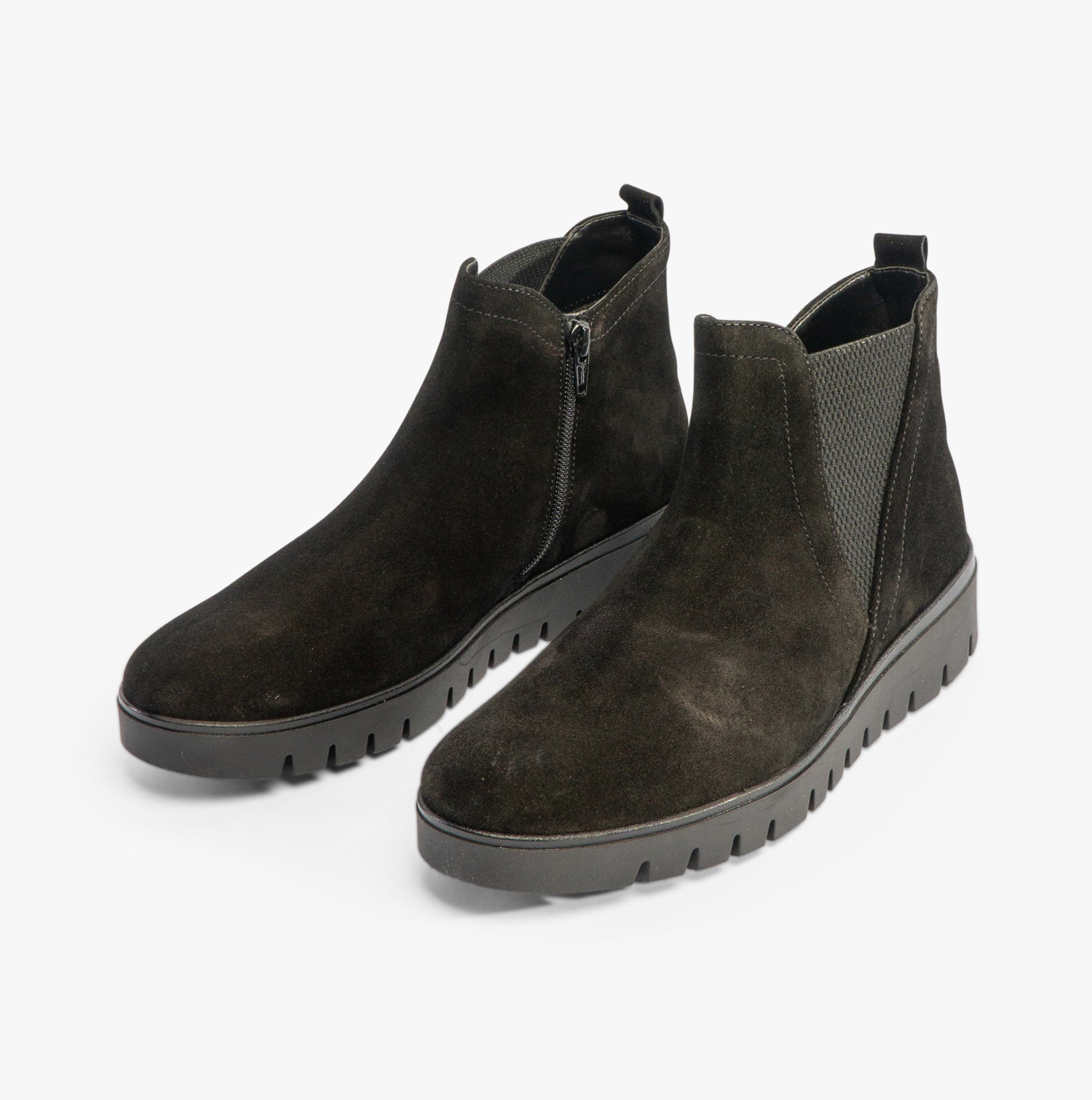 Gabor DUBLIN Womens Boots Black side view featuring suede upper and zip closure, showcasing the wedge sole and elasticated panels.