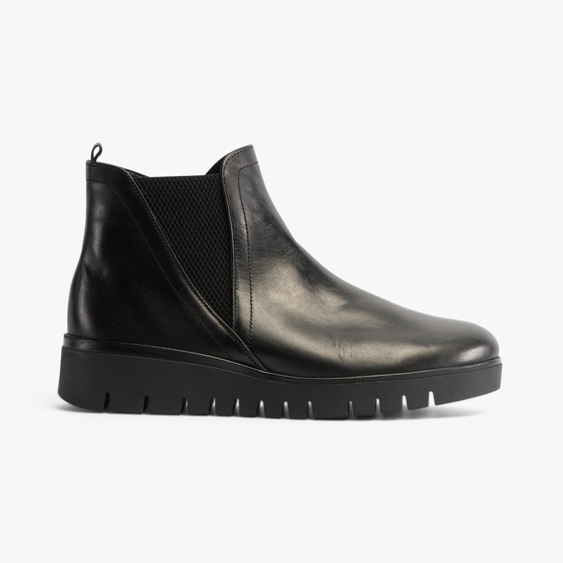 Gabor DUBLIN Womens Boots Black side view showing leather upper and elasticated side panel with wedge sole.