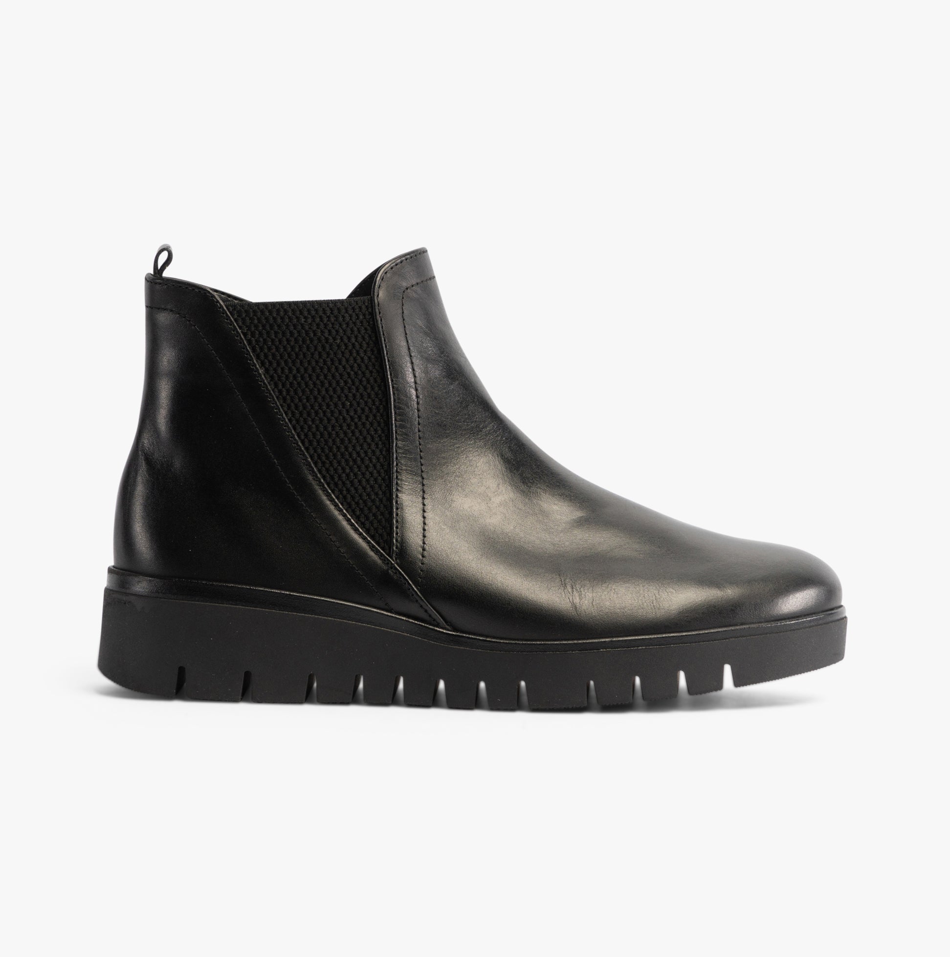Gabor DUBLIN Womens Boots Black side view showing leather upper and elasticated side panel with wedge sole.