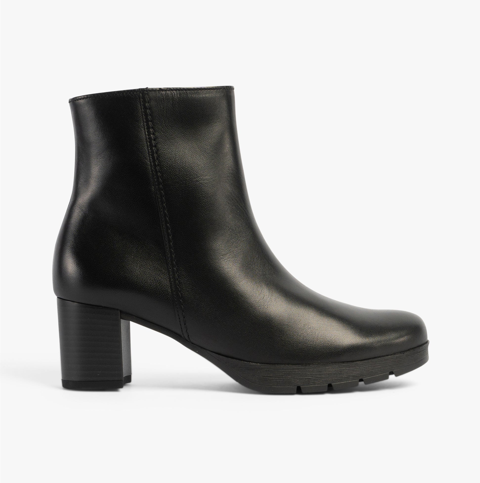 Gabor ESSENTIAL Womens Ankle Boots Black side view showing sleek leather upper and block heel.