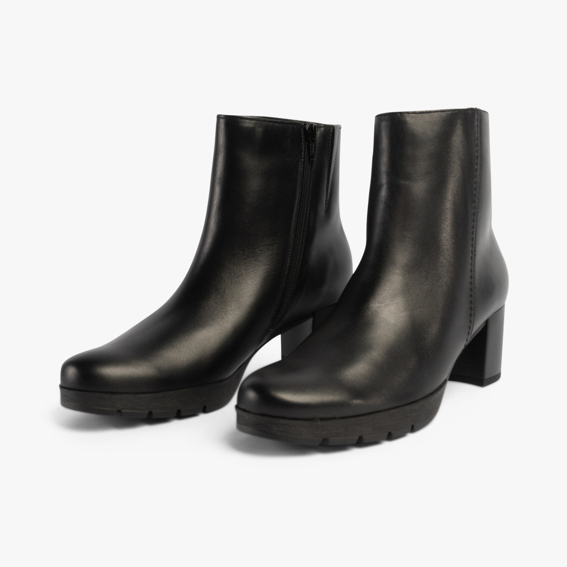 Gabor ESSENTIAL Womens Ankle Boots Black side view showcasing leather upper, block heel, and zip closure.