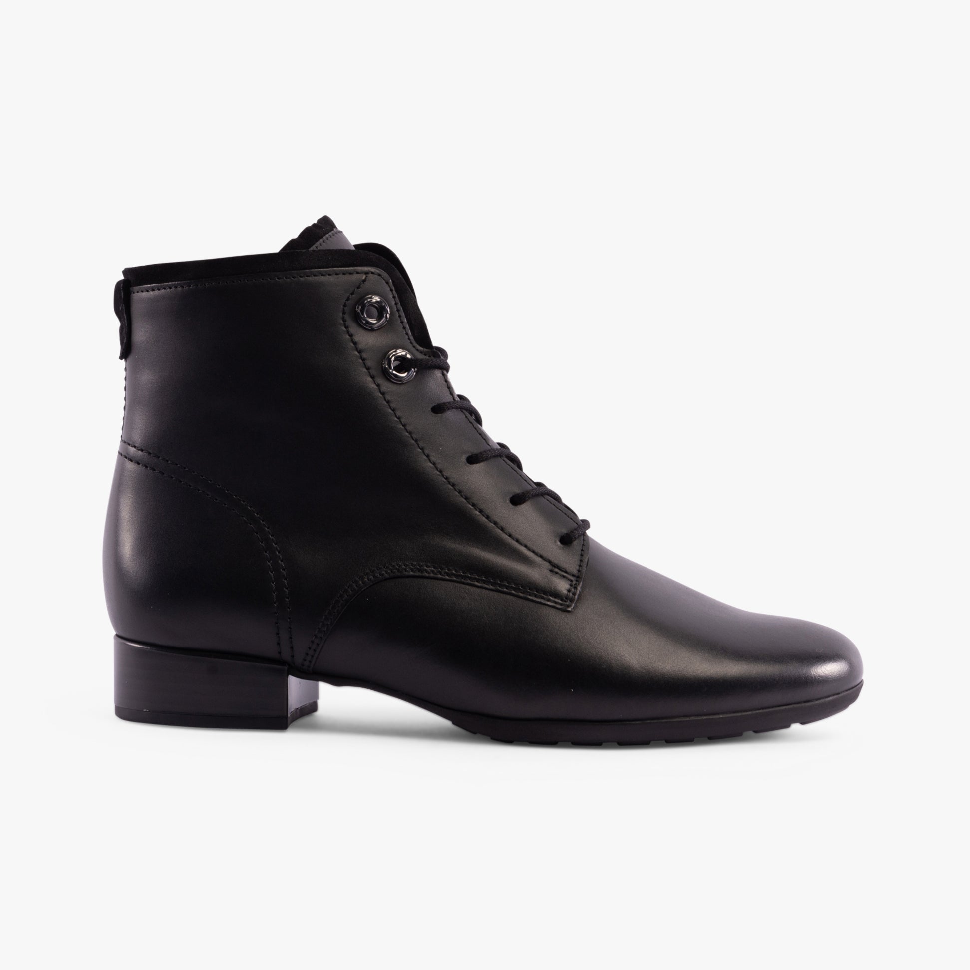 Gabor BOAT Womens Ankle Boots Black side view featuring a sleek leather upper and low block heel.