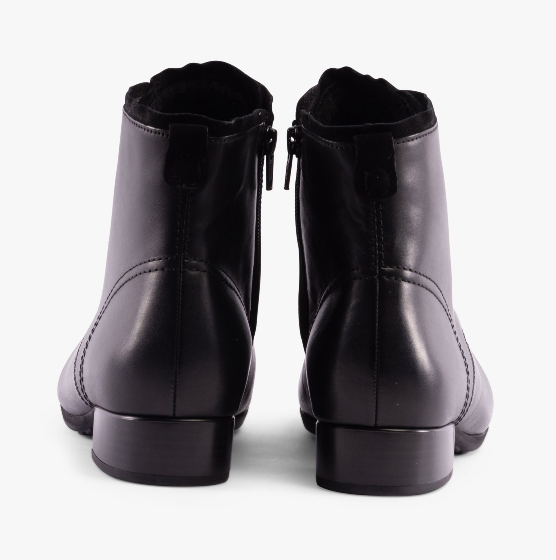 Gabor BOAT Womens Ankle Boots Black rear view showcasing the leather upper, zip closure, and block heel design.