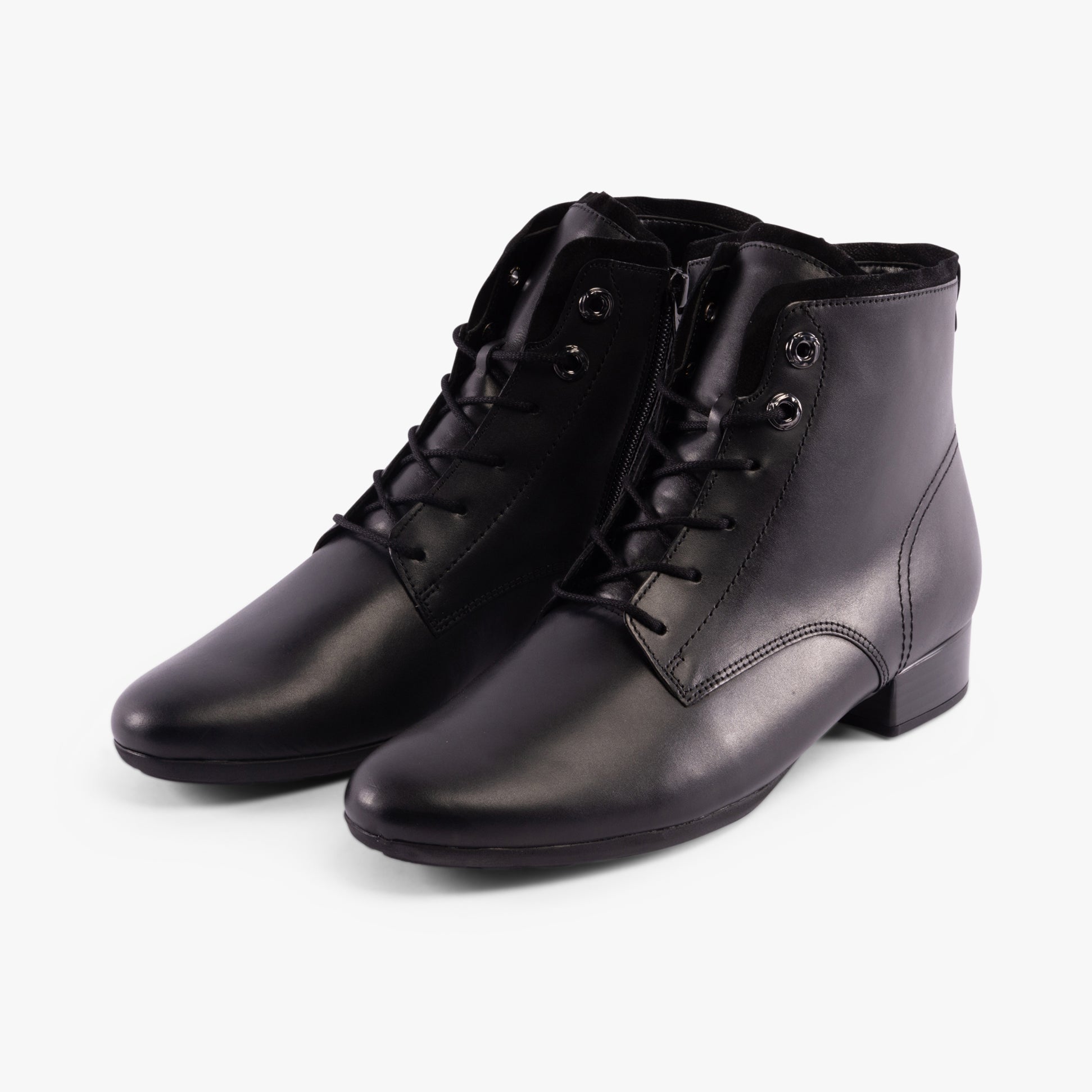 Gabor BOAT Womens Ankle Boots Black side view, showcasing leather upper, chisel toe shape, and block heel design.