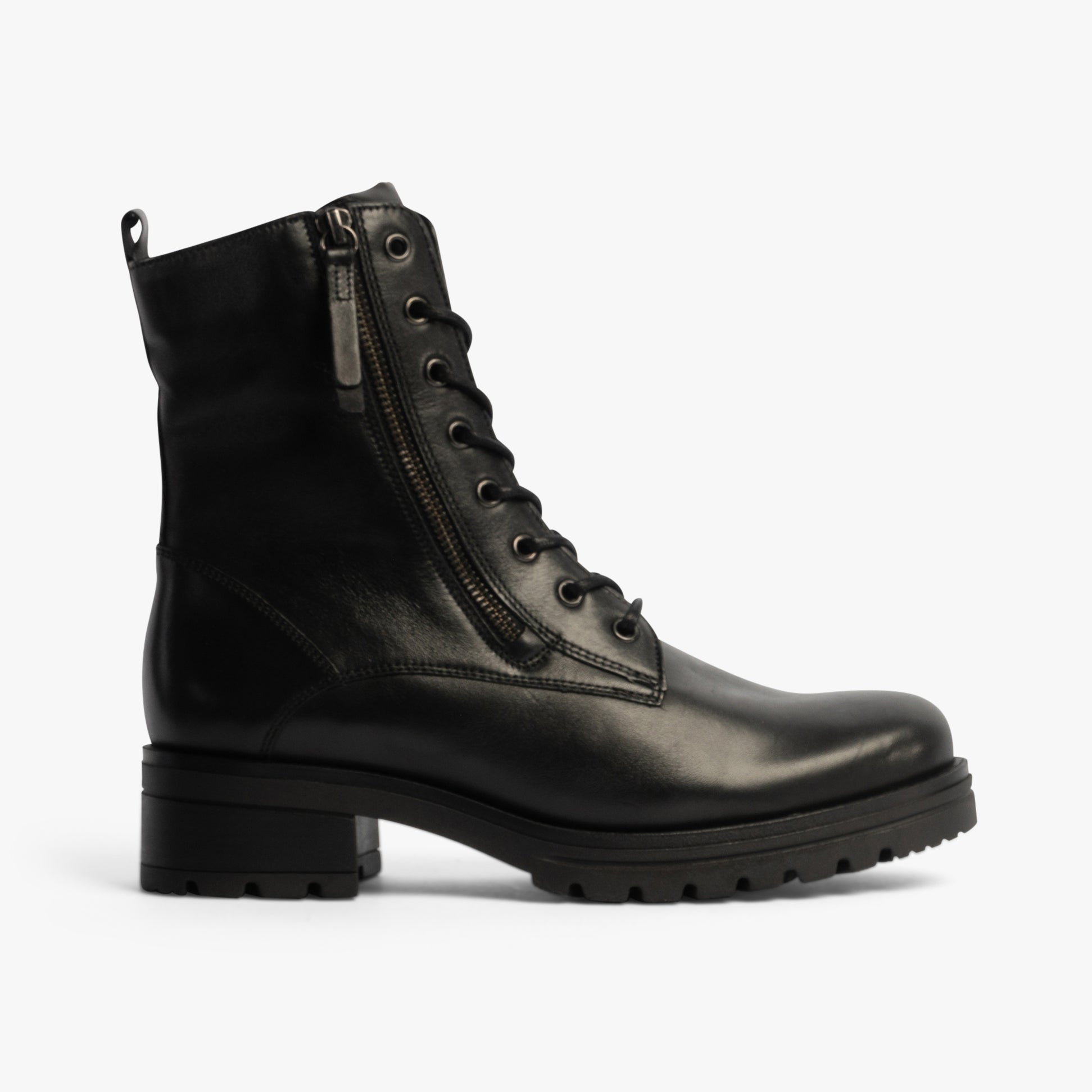 Gabor SERVE Womens Ankle Boots Black side view featuring leather upper, lace-up style, and block heel.