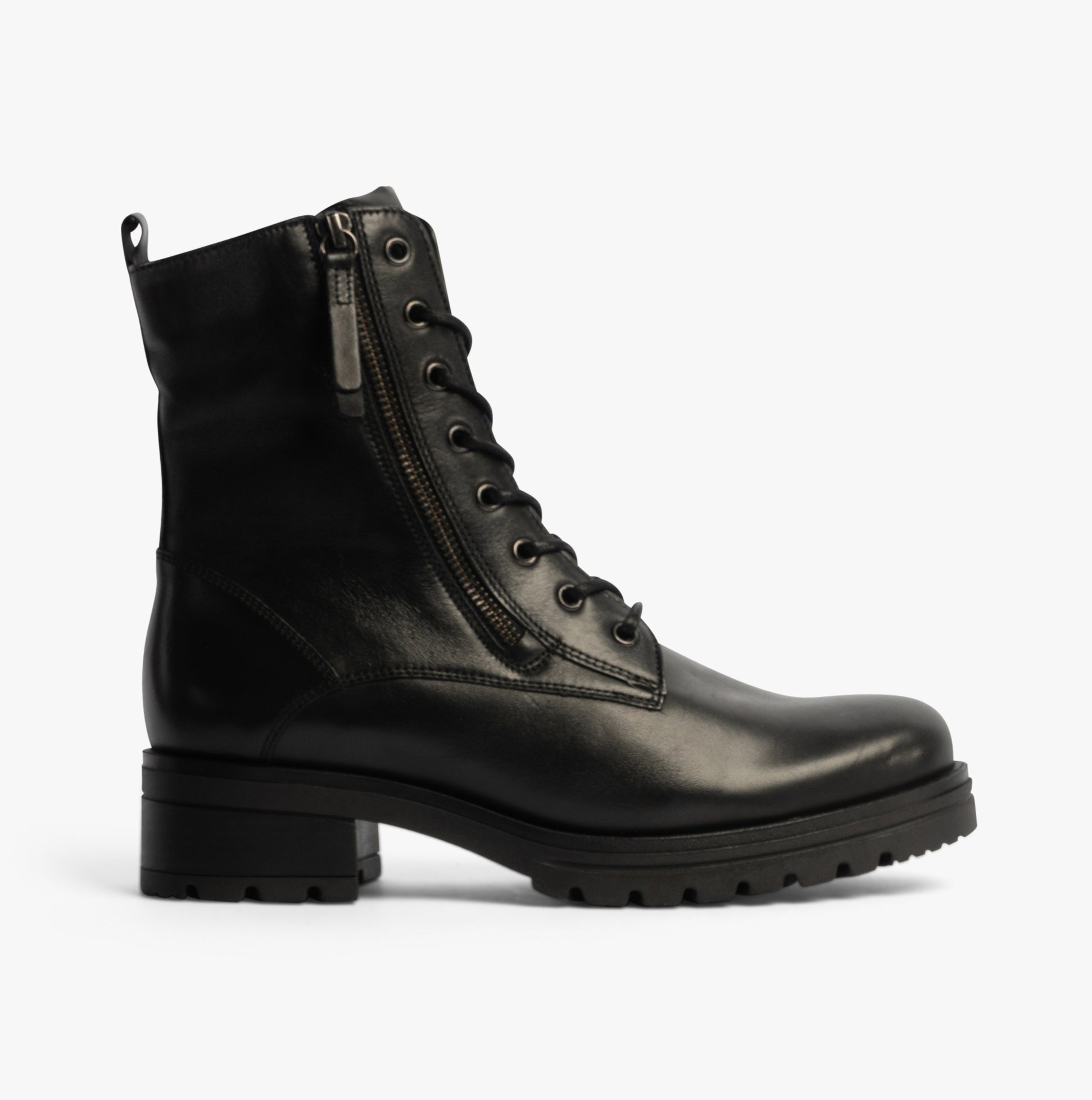 Gabor SERVE Womens Ankle Boots Black side view featuring leather upper, lace-up style, and block heel.