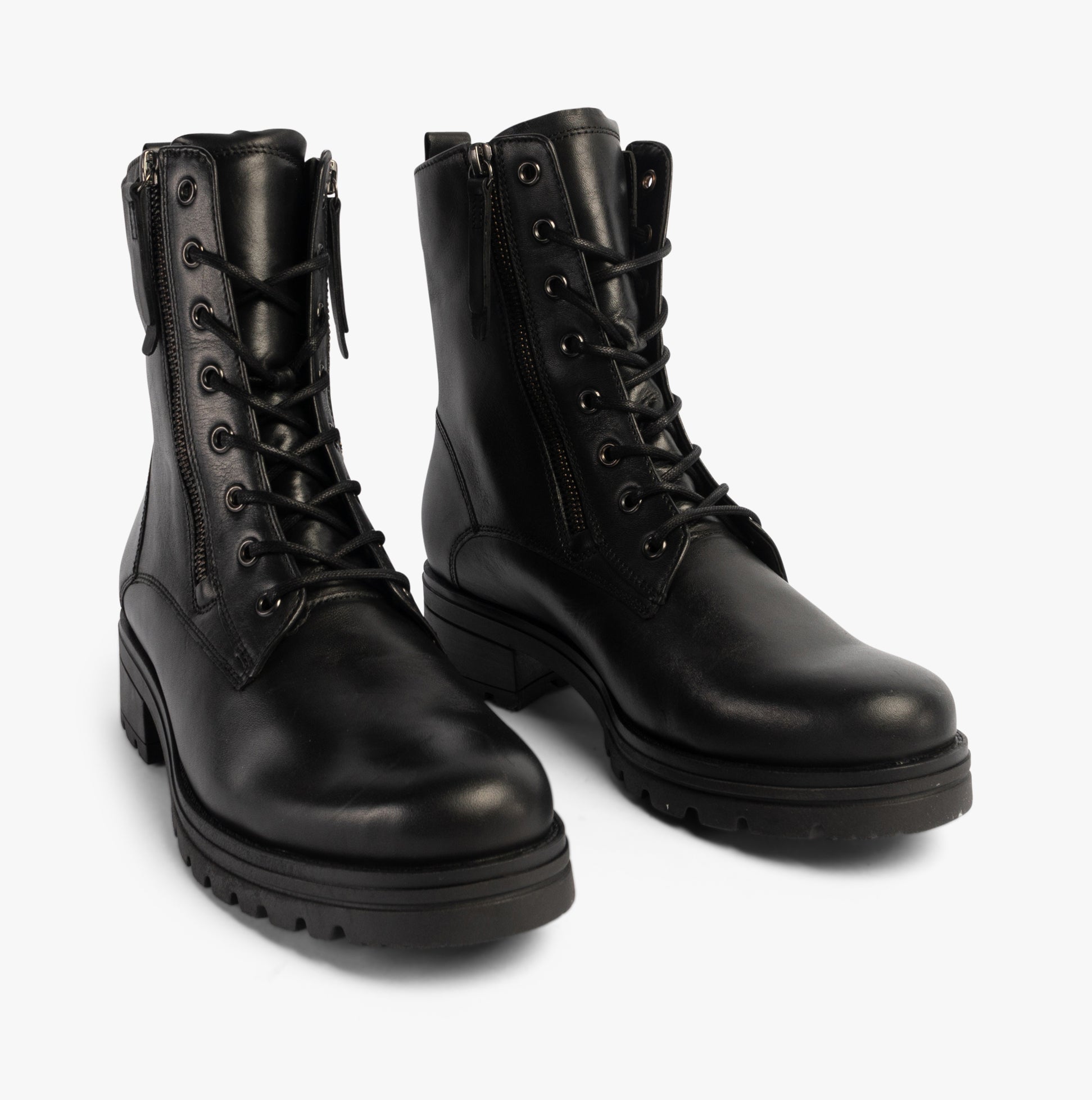 Gabor SERVE Womens Ankle Boots Black side view showcasing lace-up details and block heel design.