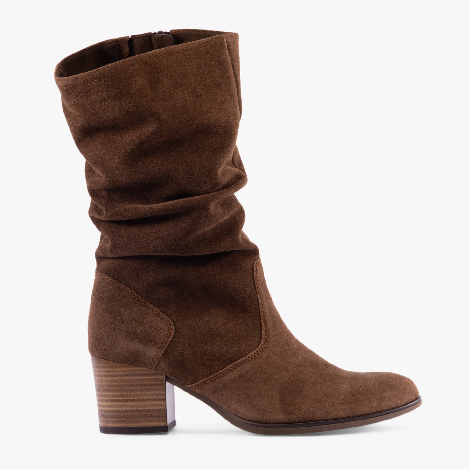 Gabor RAMONA Womens Boots Whisky side view tall suede boots with block heel and almond toe design