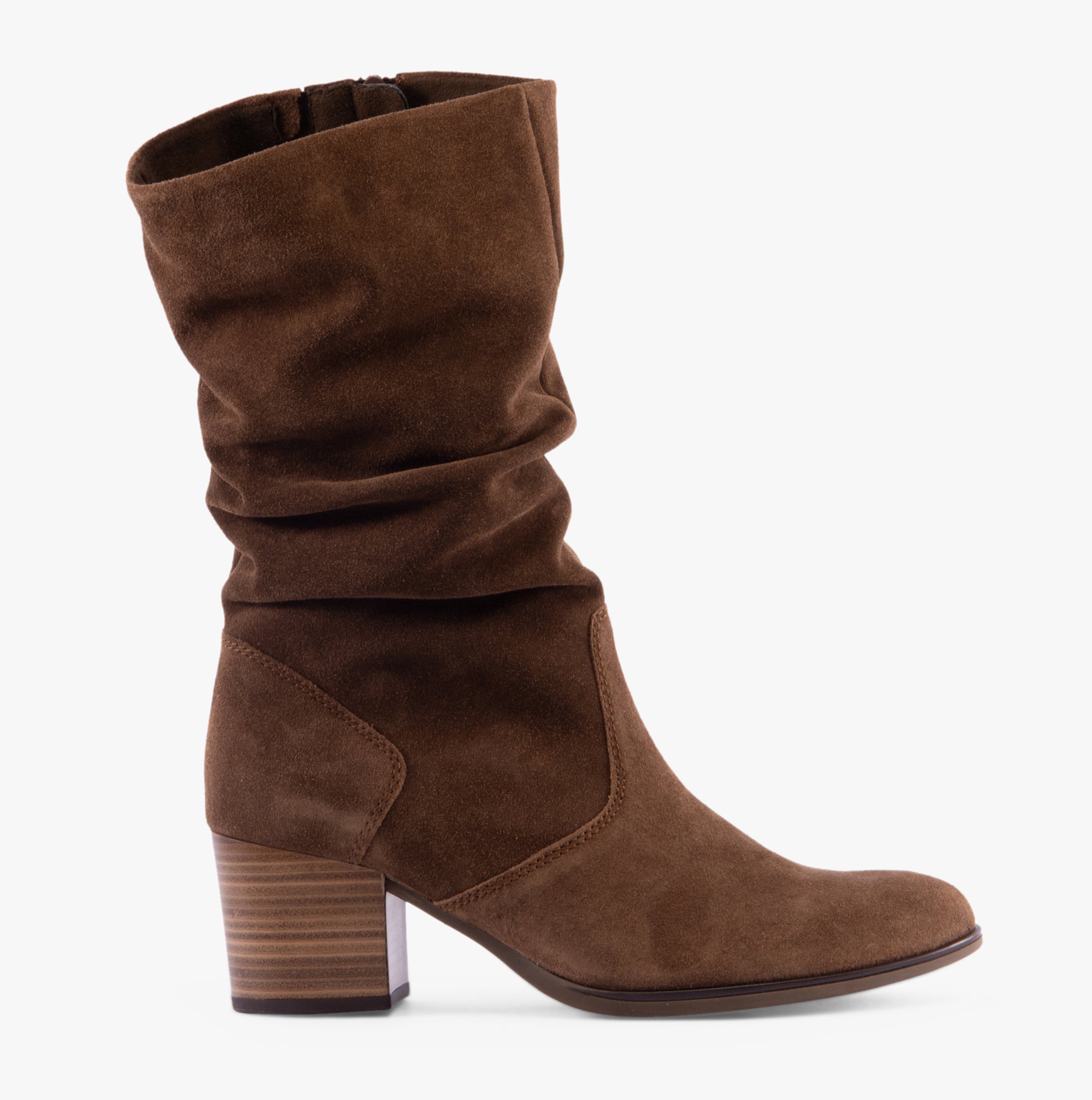 Gabor RAMONA Womens Boots Whisky side view tall suede boots with block heel and almond toe design