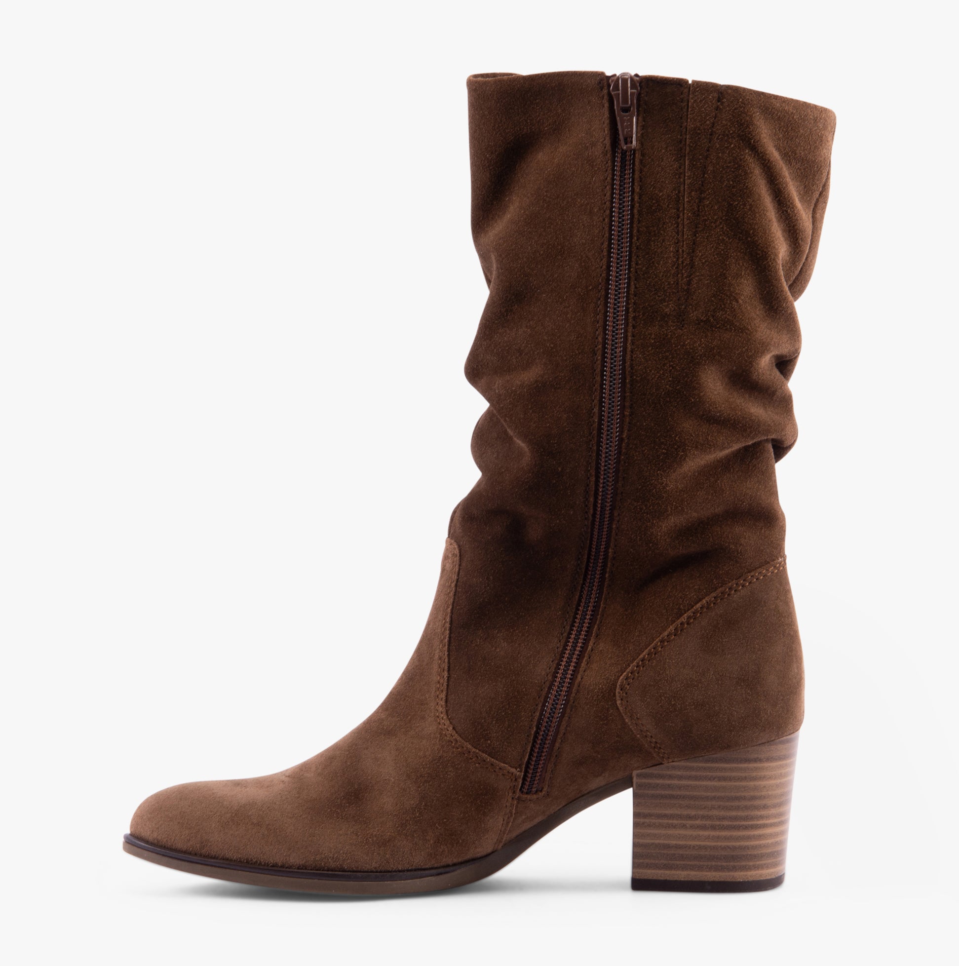 Gabor RAMONA Womens Boots Whisky side view showing tall suede design, block heel, and zip closure.