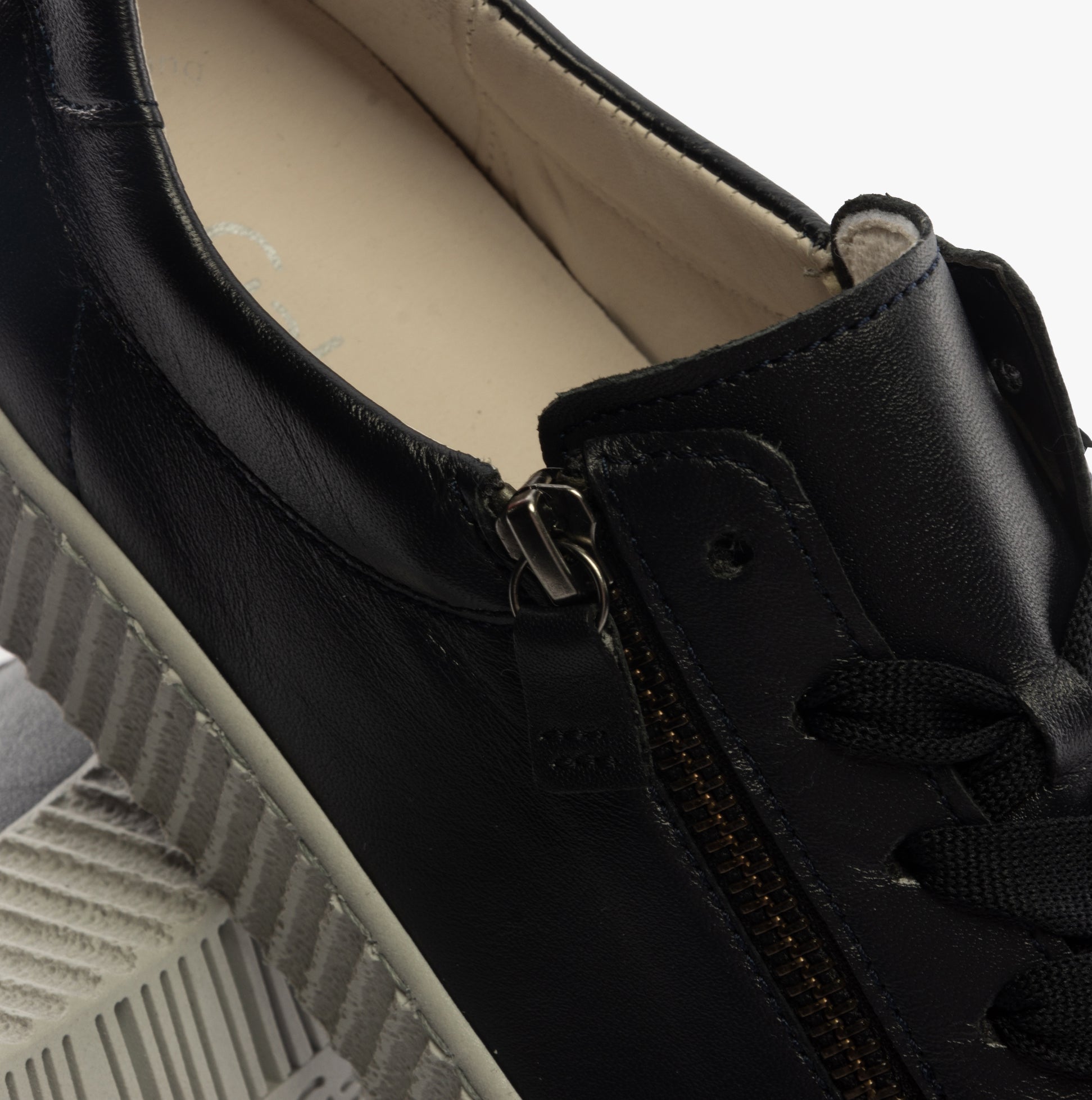 Gabor WISDOM Womens Trainers Navy detail view showing leather upper and lace-up closure with zipper.