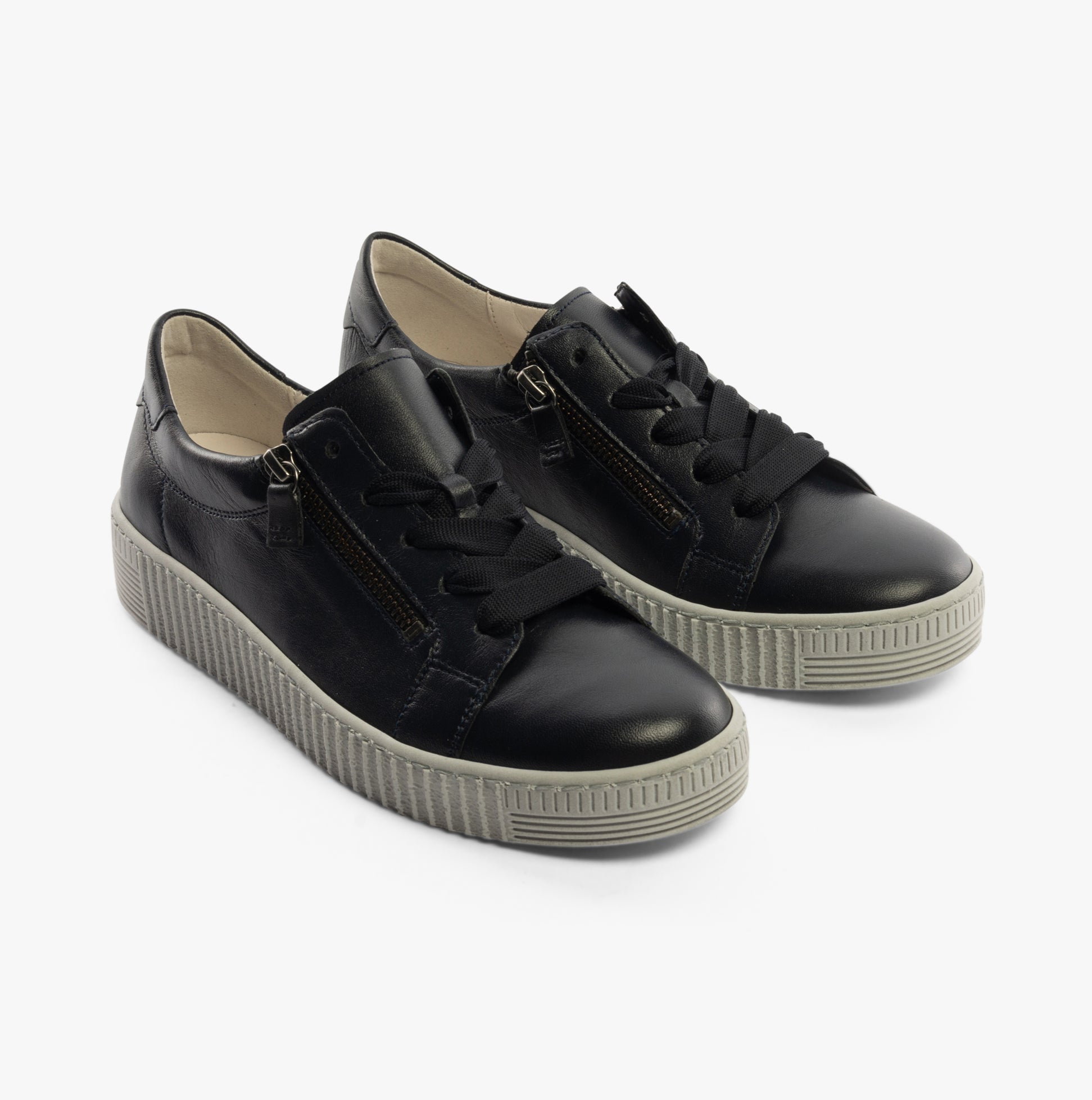 Gabor WISDOM Womens Trainers Navy front view with lace-up and zip features, comfortable leather casual shoes.