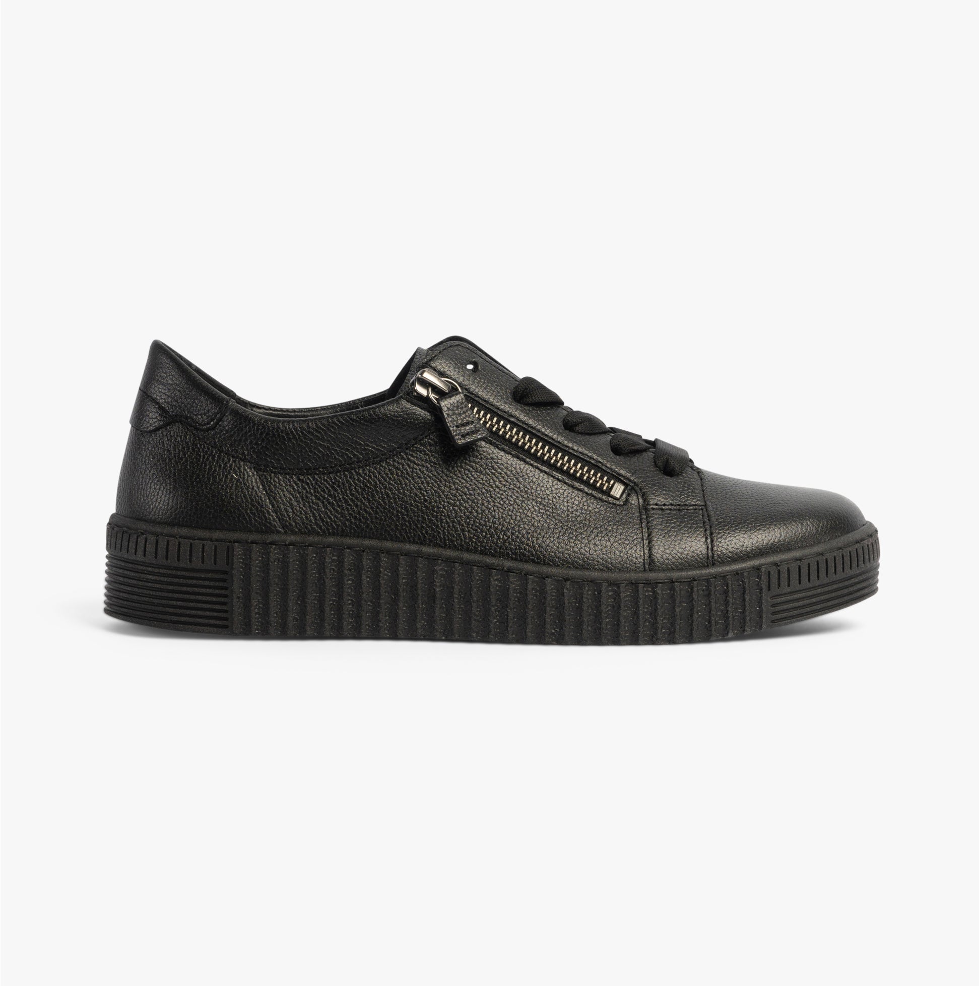 Gabor WISDOM Womens Trainers Black side view featuring leather upper, round toe, and lace-up with zip closure.