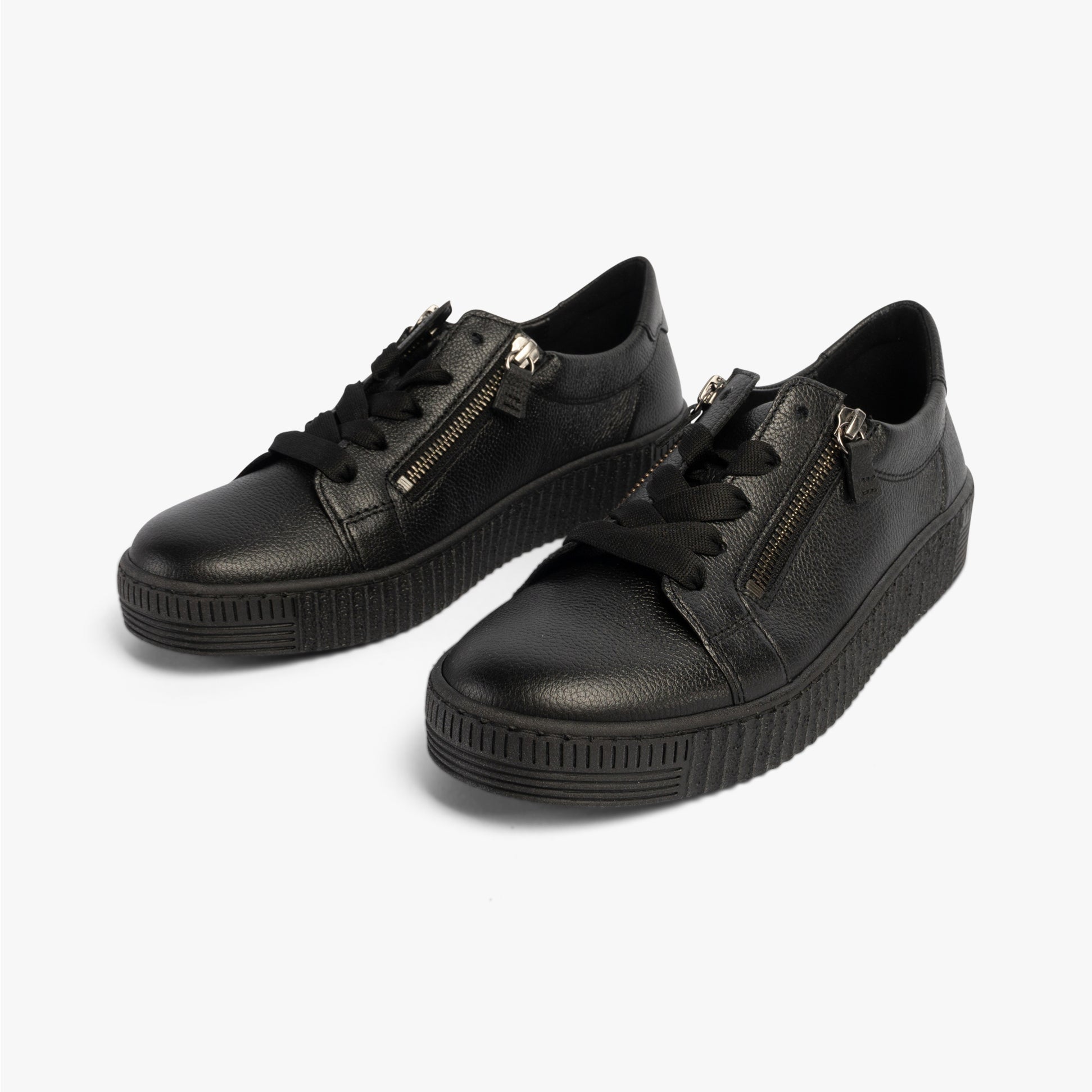 Gabor WISDOM Womens Trainers Black side view with lace-up and zip closure, featuring rubber sole and low top design.