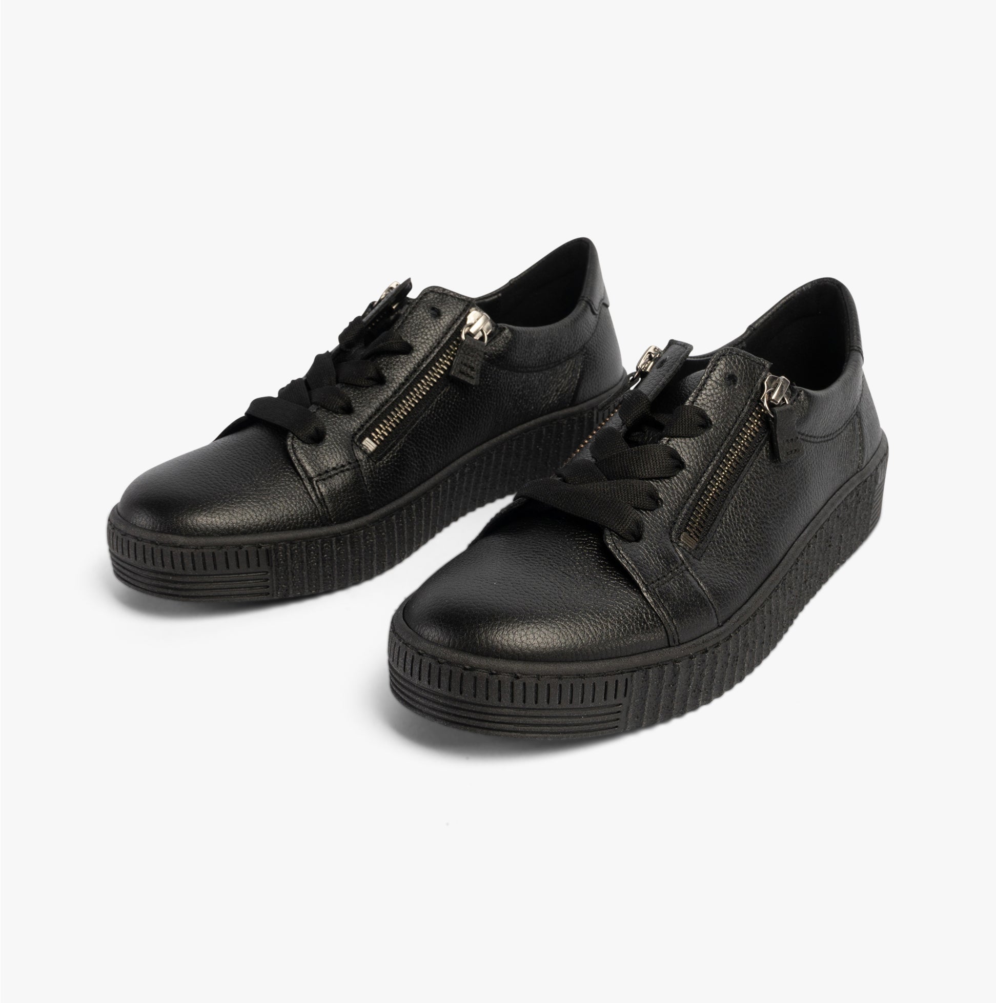 Gabor WISDOM Womens Trainers Black side view with lace-up and zip closure, featuring rubber sole and low top design.