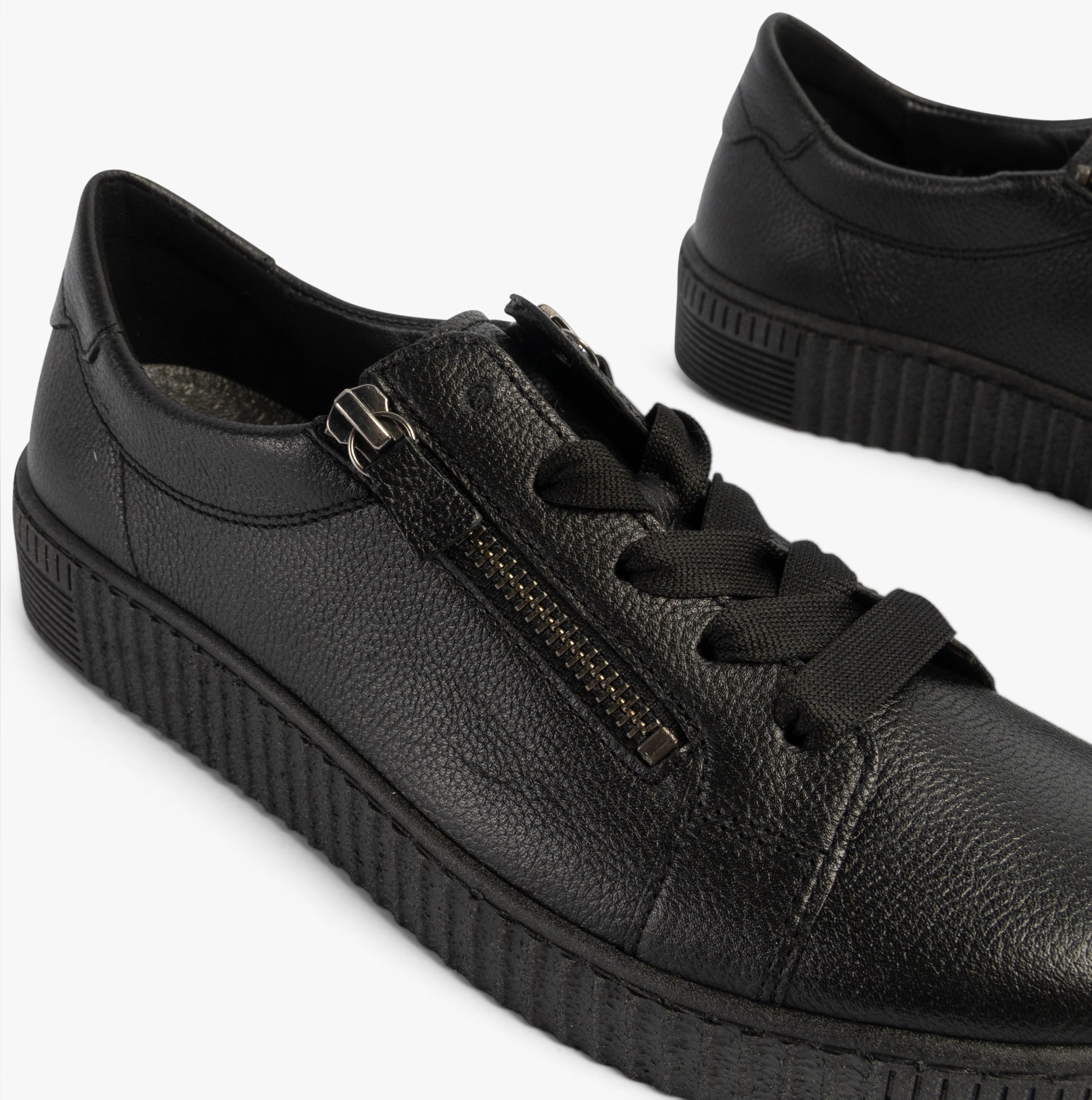 Gabor WISDOM Womens Trainers Black side view showing leather upper, lace-up and zip closure, with platform sole.
