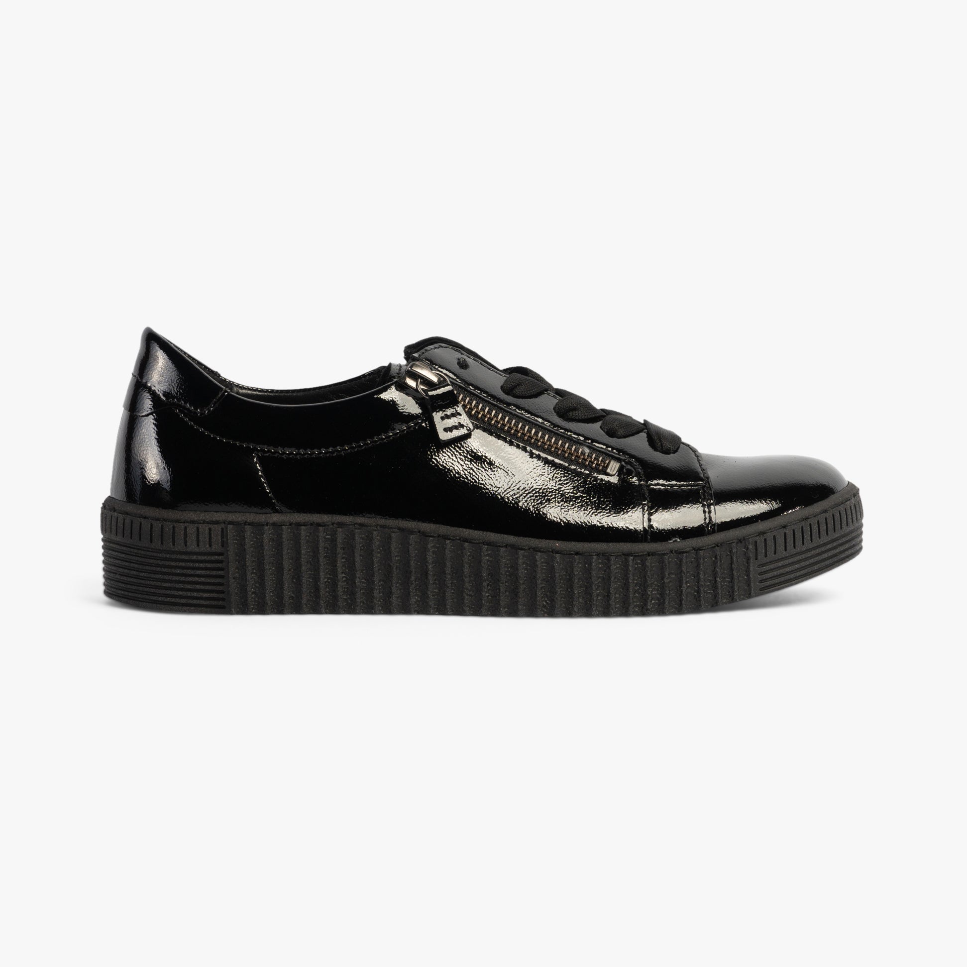 Gabor WISDOM Womens Trainers Black Patent side view, featuring patent leather upper and platform sole.