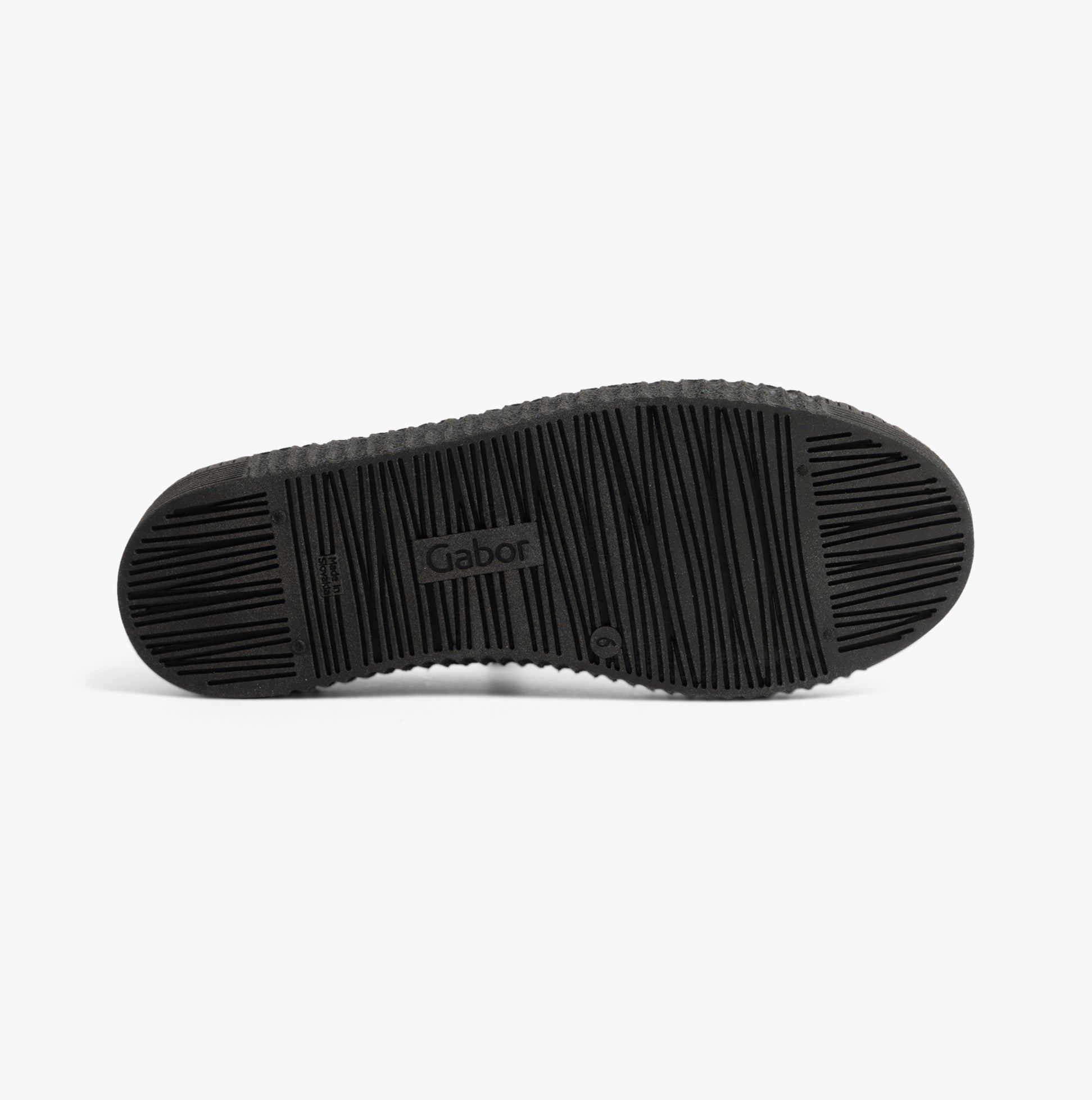 Gabor WISDOM Womens Trainers Black Patent sole view, showcasing rubber material and textured design for grip.