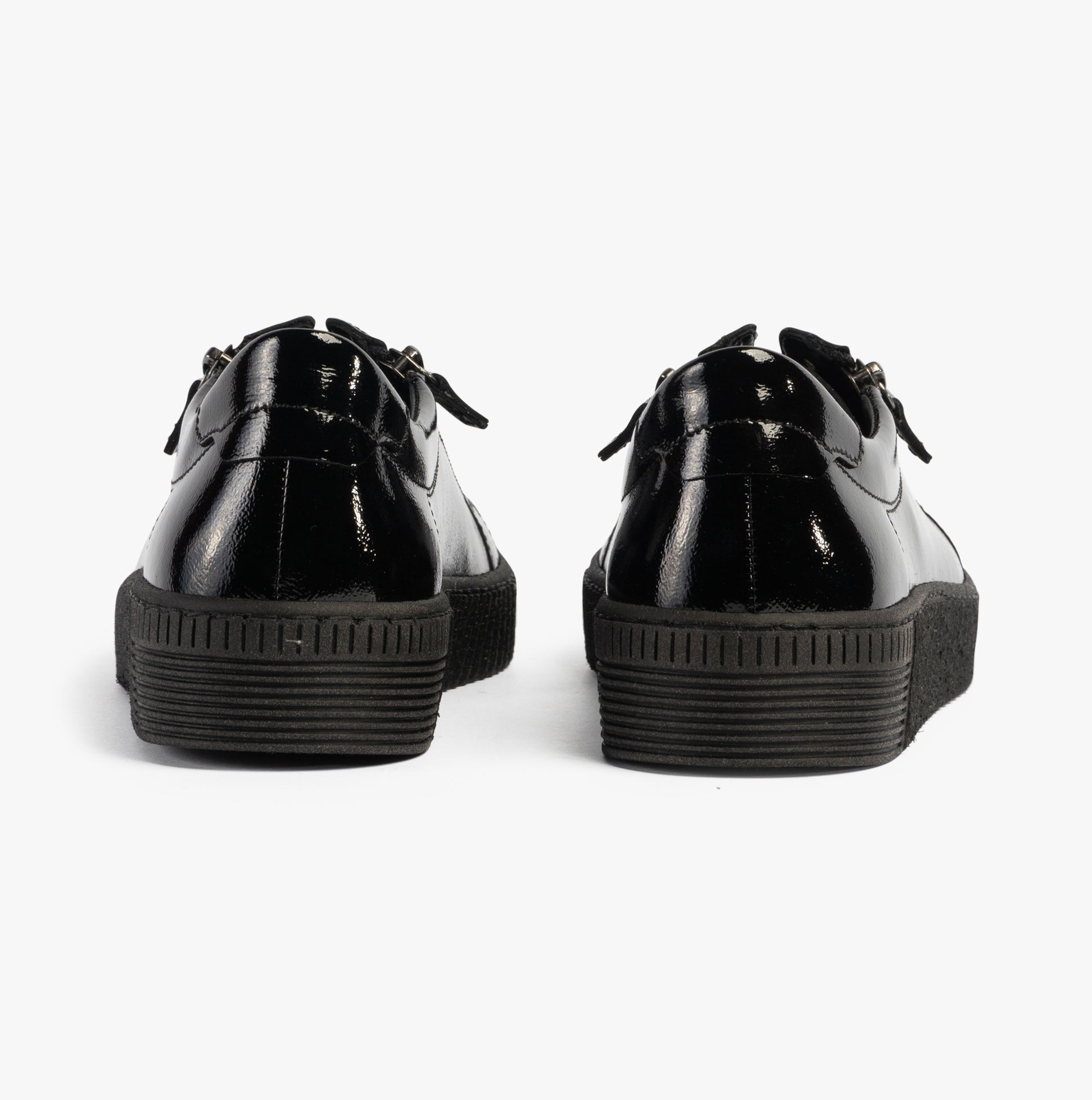 Gabor WISDOM Womens Trainers Black Patent rear view showcasing shiny patent leather finish and platform sole.