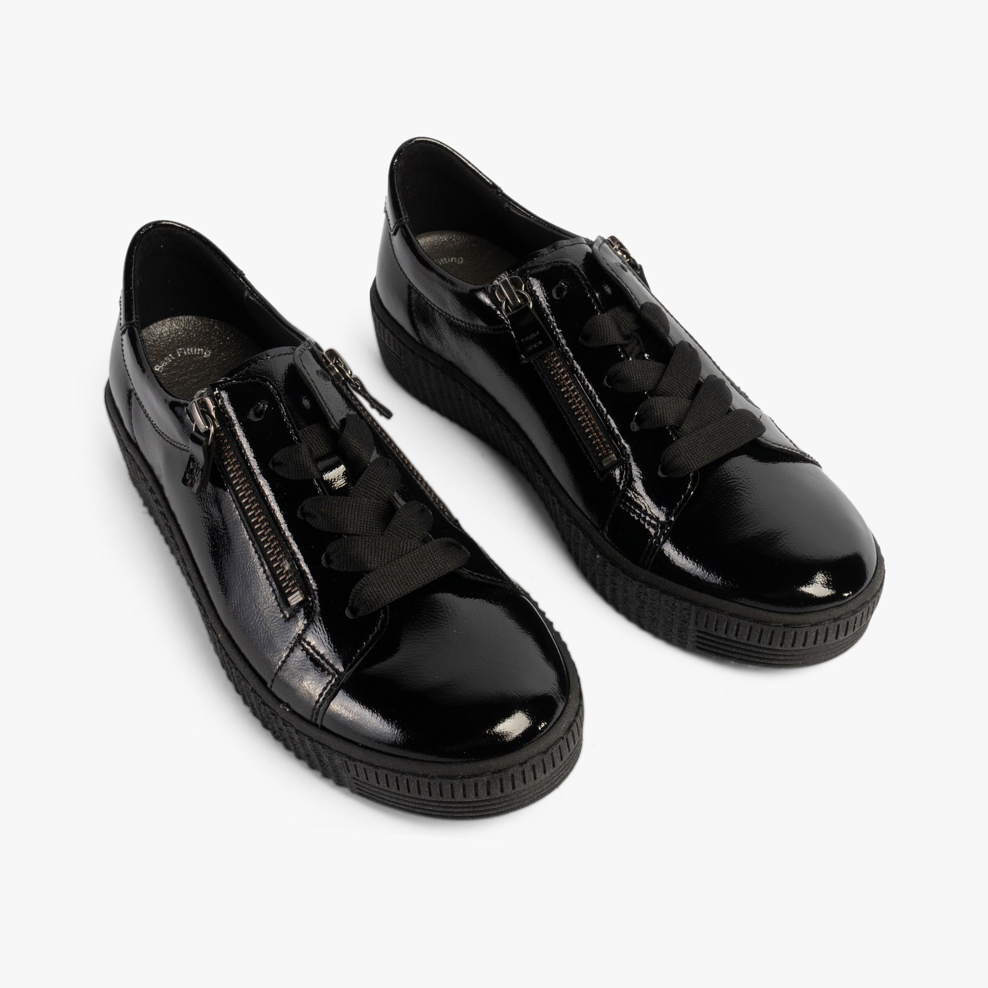 Gabor WISDOM Womens Trainers Black Patent side view featuring patent leather upper and lace-up design.