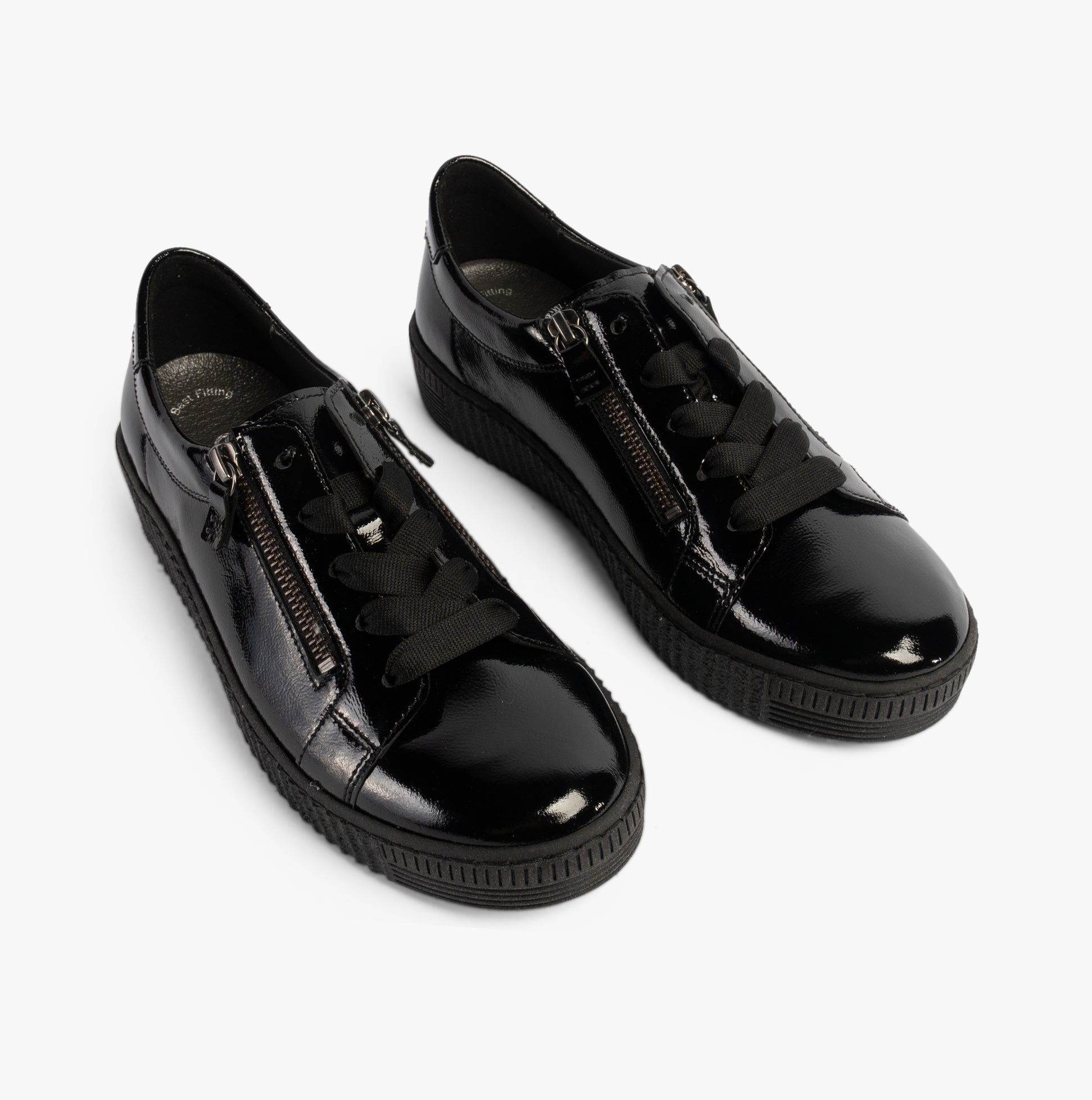 Gabor WISDOM Womens Trainers Black Patent side view featuring patent leather upper and lace-up design.