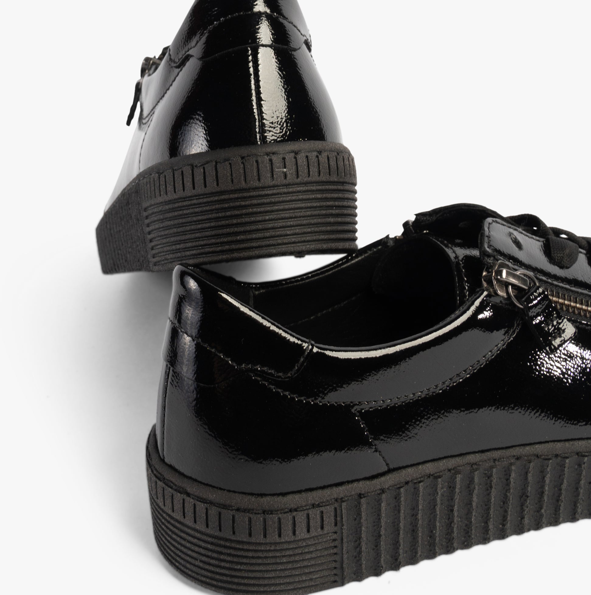 Gabor WISDOM Womens Trainers Black Patent side and back view showcasing patent leather upper and rubber sole.