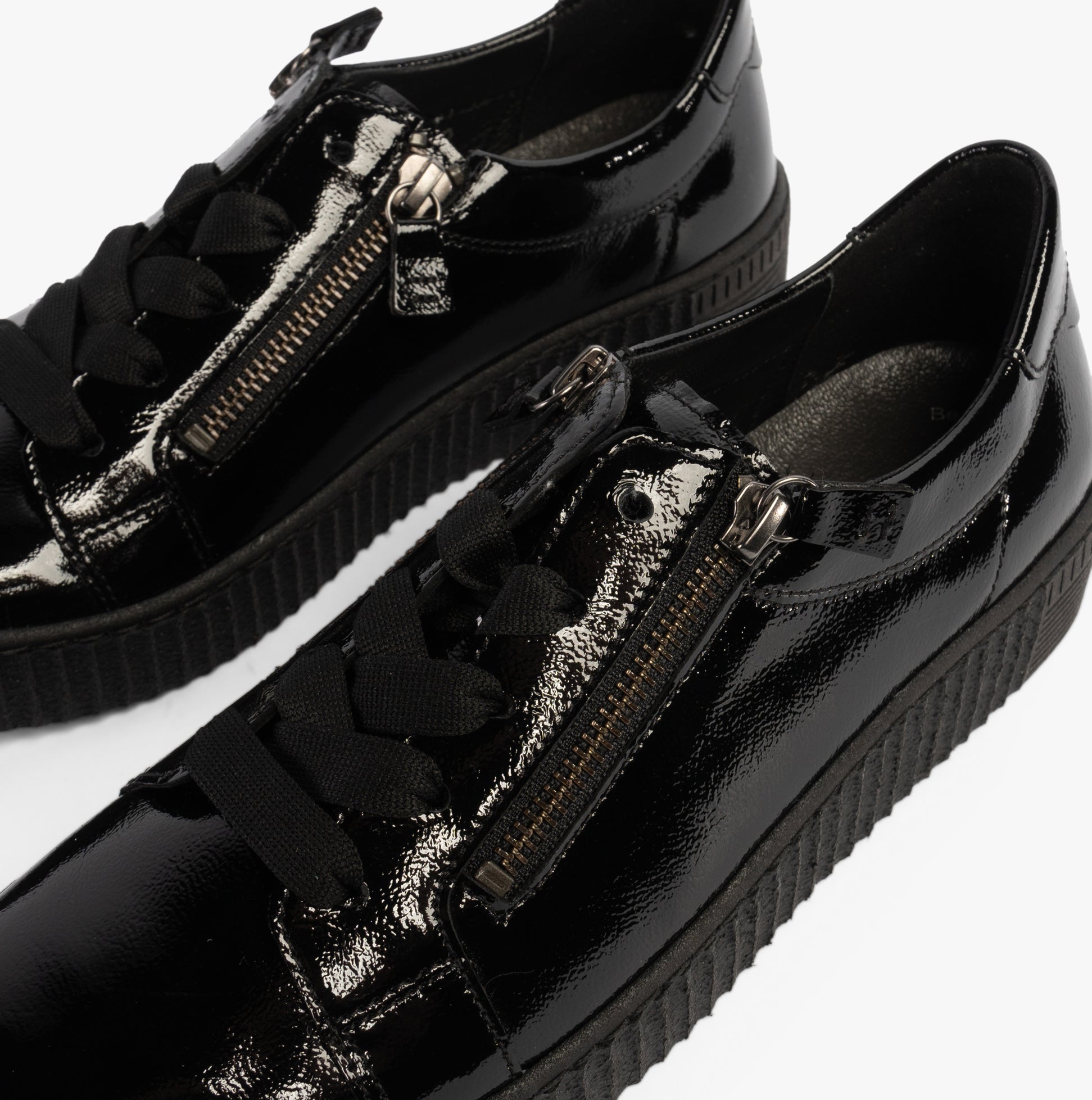 Gabor WISDOM Womens Trainers Black Patent side view showcasing the sleek patent leather finish and lace-up design.
