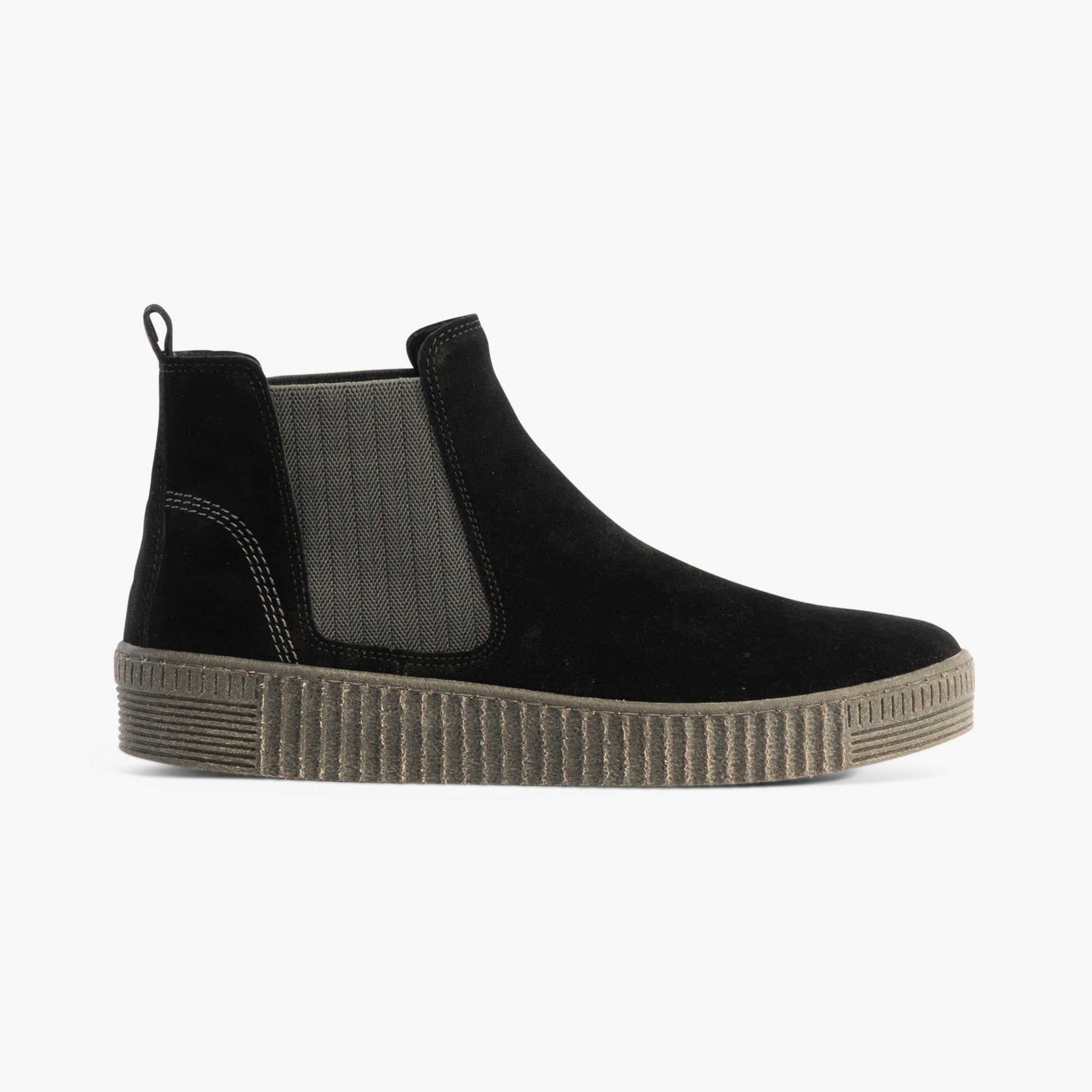 Gabor LOURDES Womens Ankle Boots Black side view showing suede upper, elasticated side panel, and rubber sole.
