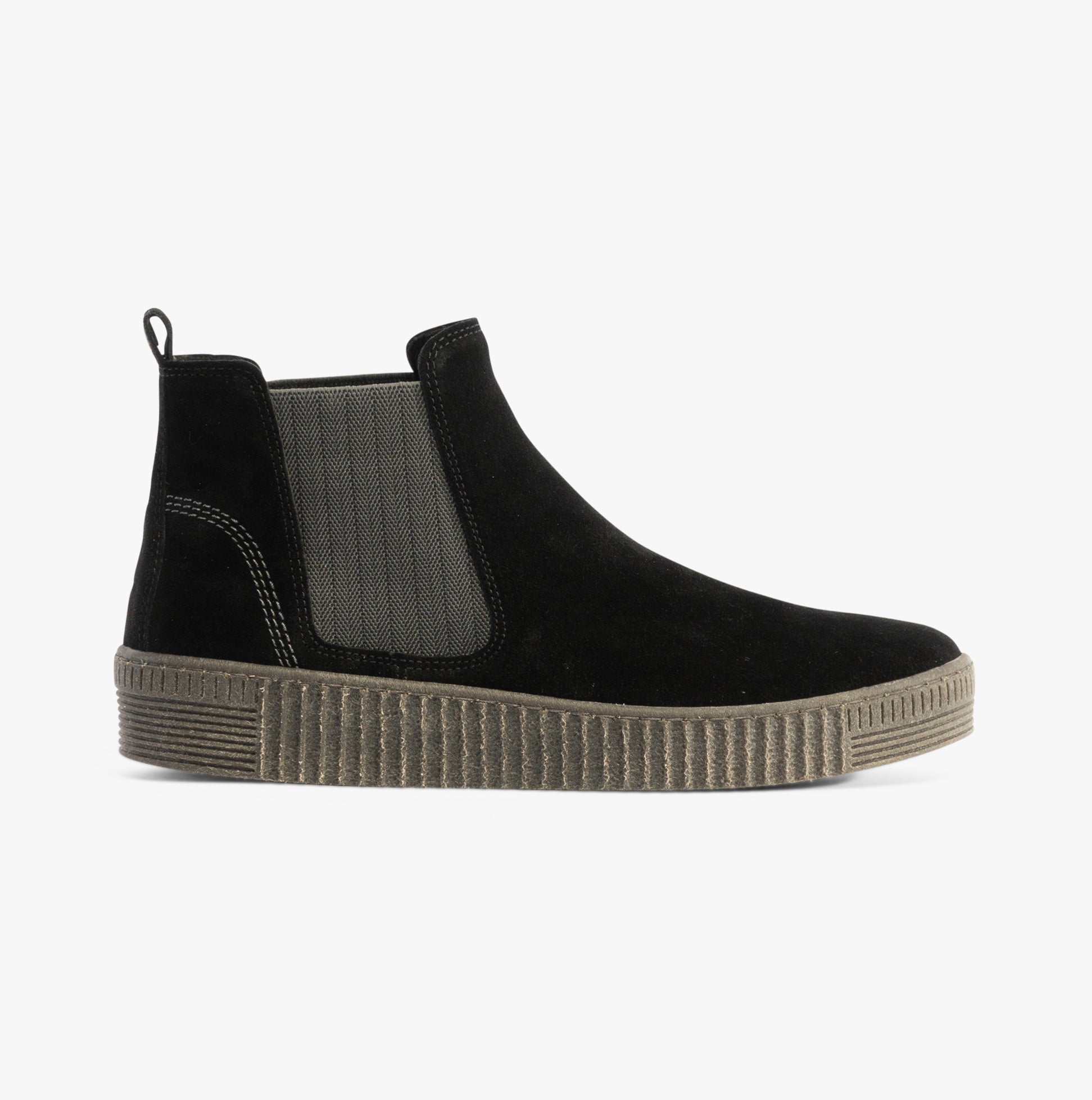 Gabor LOURDES Womens Ankle Boots Black side view showing suede upper, elasticated side panel, and rubber sole.