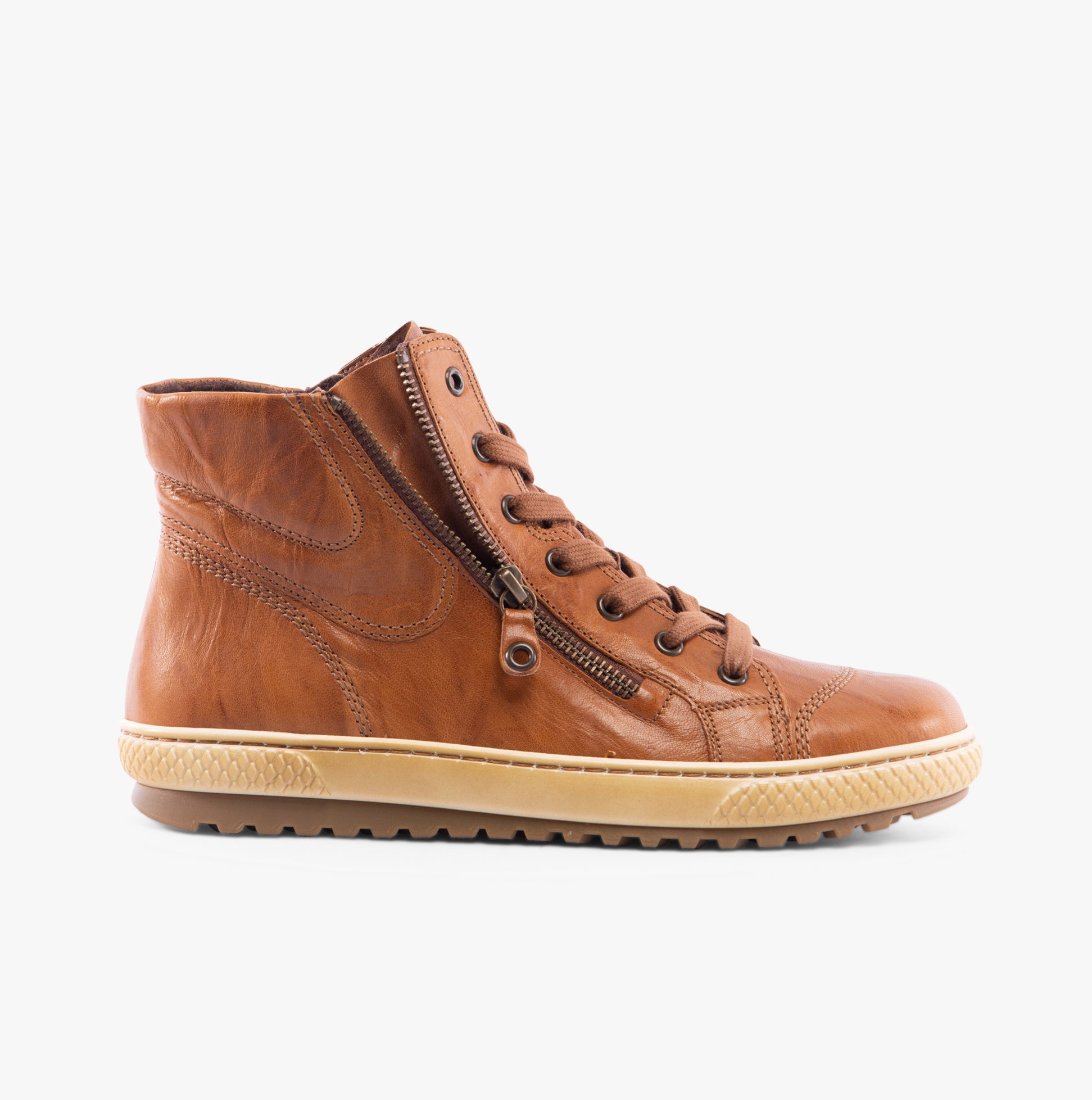 Gabor BULNER Womens Ankle Boots Copper side view showcasing leather upper, lace-up closure, and flat sole design.