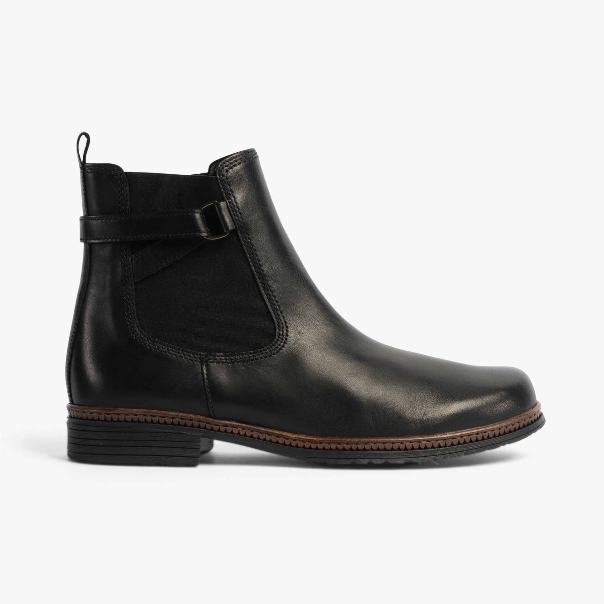 Gabor NOLENE Womens Ankle Boots Black side view showing leather upper, elastic panels and flat heel.
