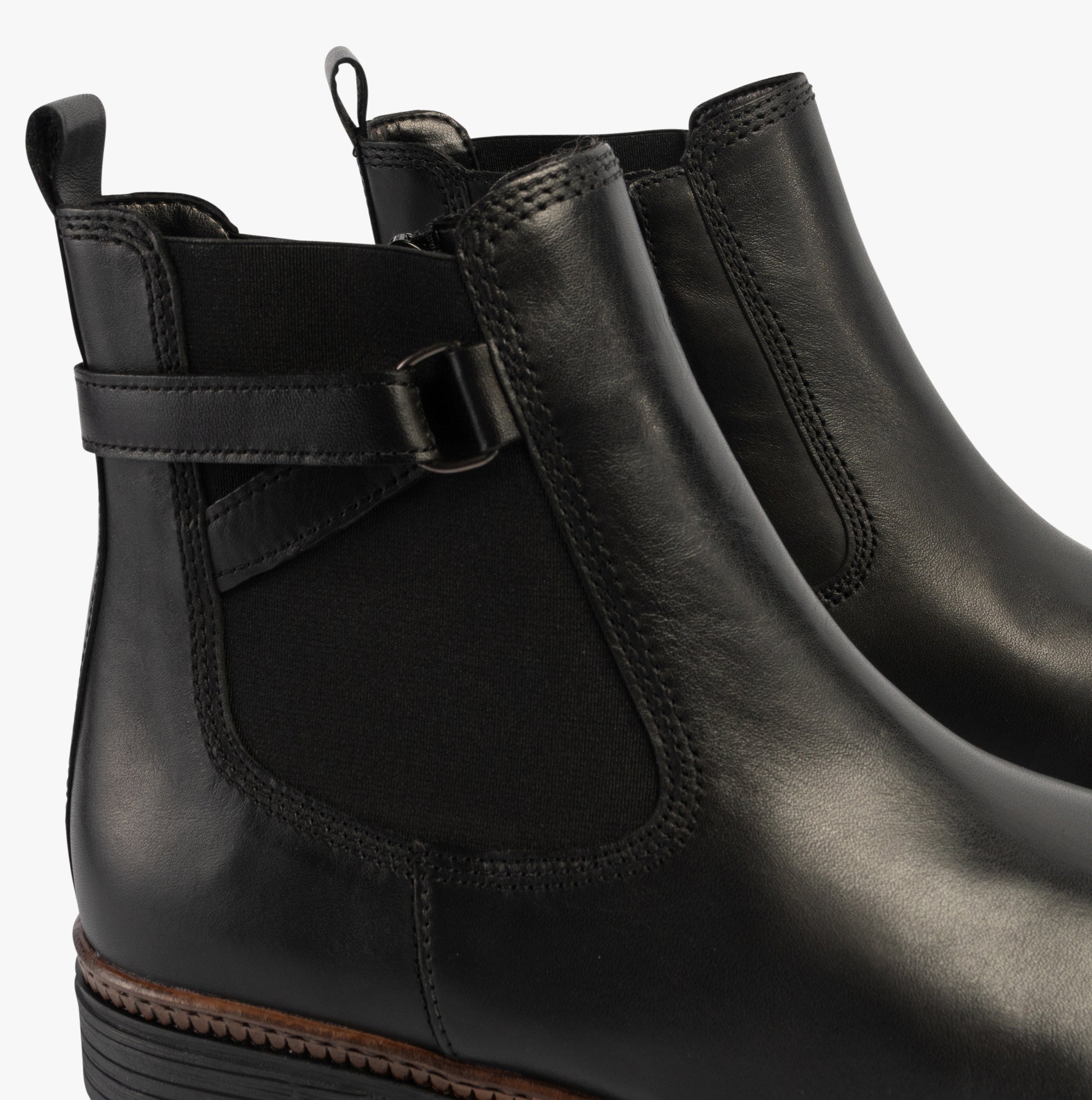 Gabor NOLENE Womens Ankle Boots Black side view highlighting smooth leather and elastic panel features.