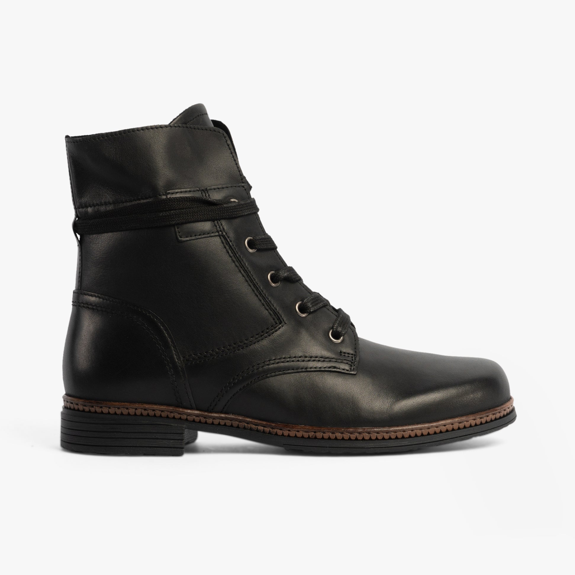 Gabor NERISSA Womens Ankle Boots Black side view showcasing leather upper and lace-up detail.
