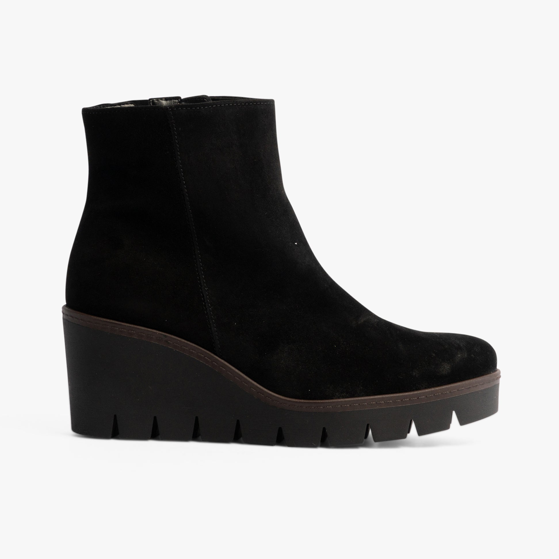 Gabor UTOPIA Womens Ankle Boots Black side view showing suede upper, wedge heel, and zip closure.