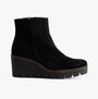 Gabor UTOPIA Womens Ankle Boots Black side view showing suede upper, wedge heel, and zip closure.
