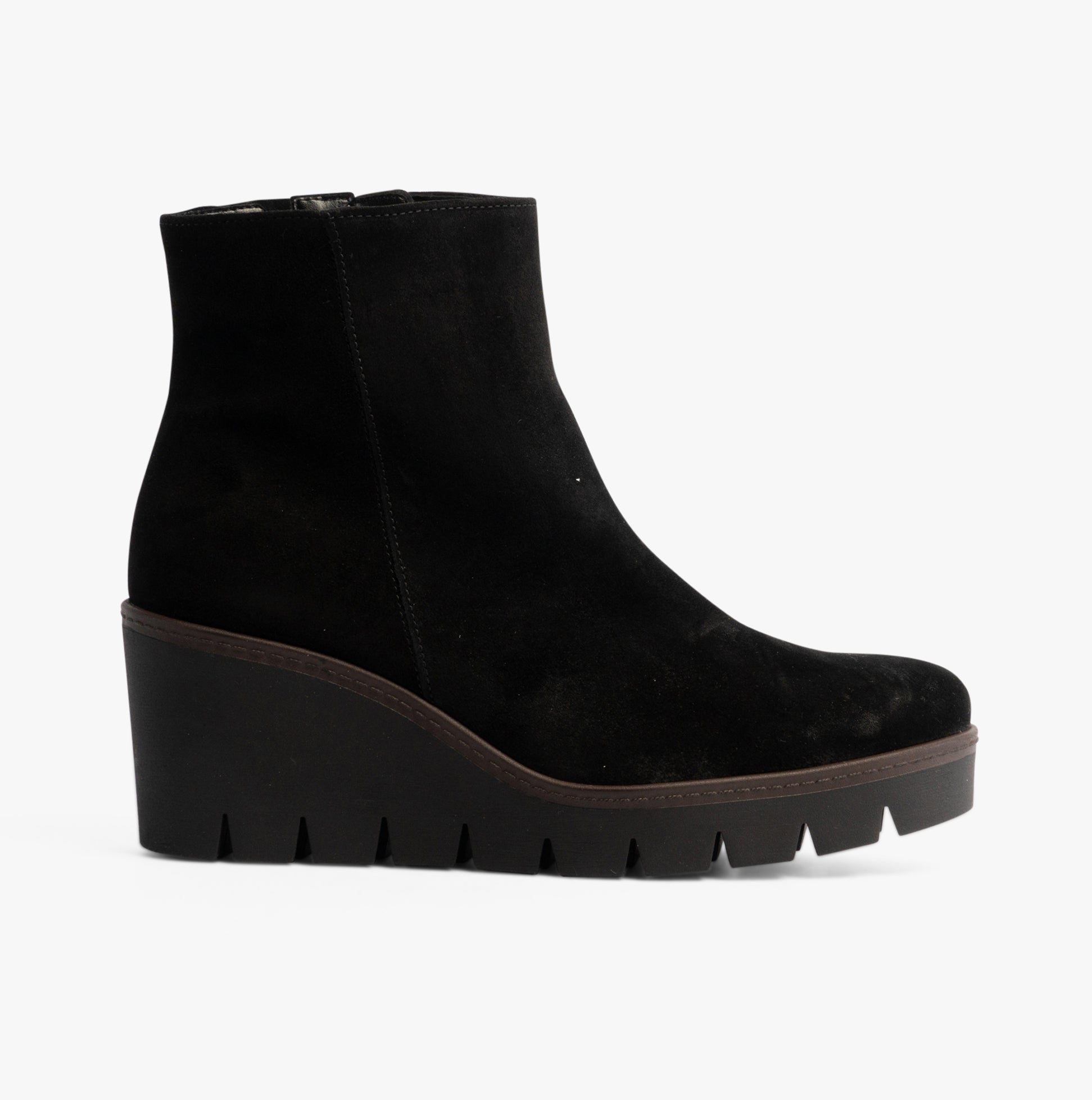 Gabor UTOPIA Womens Ankle Boots Black side view showing suede upper, wedge heel, and zip closure.