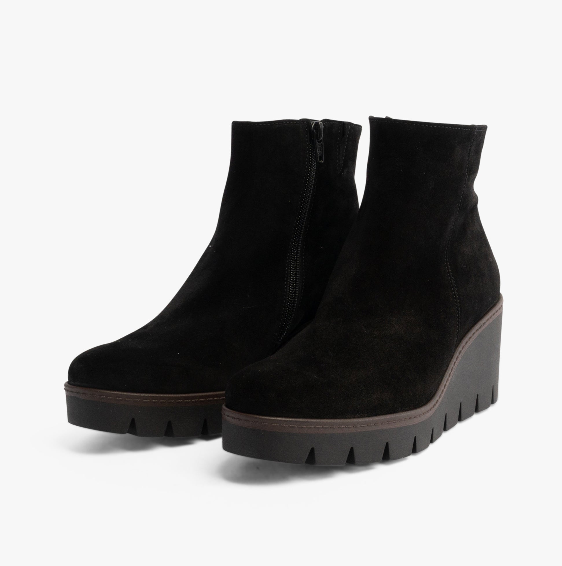 Gabor UTOPIA Womens Ankle Boots Black side view showcasing suede upper and wedge heel design.