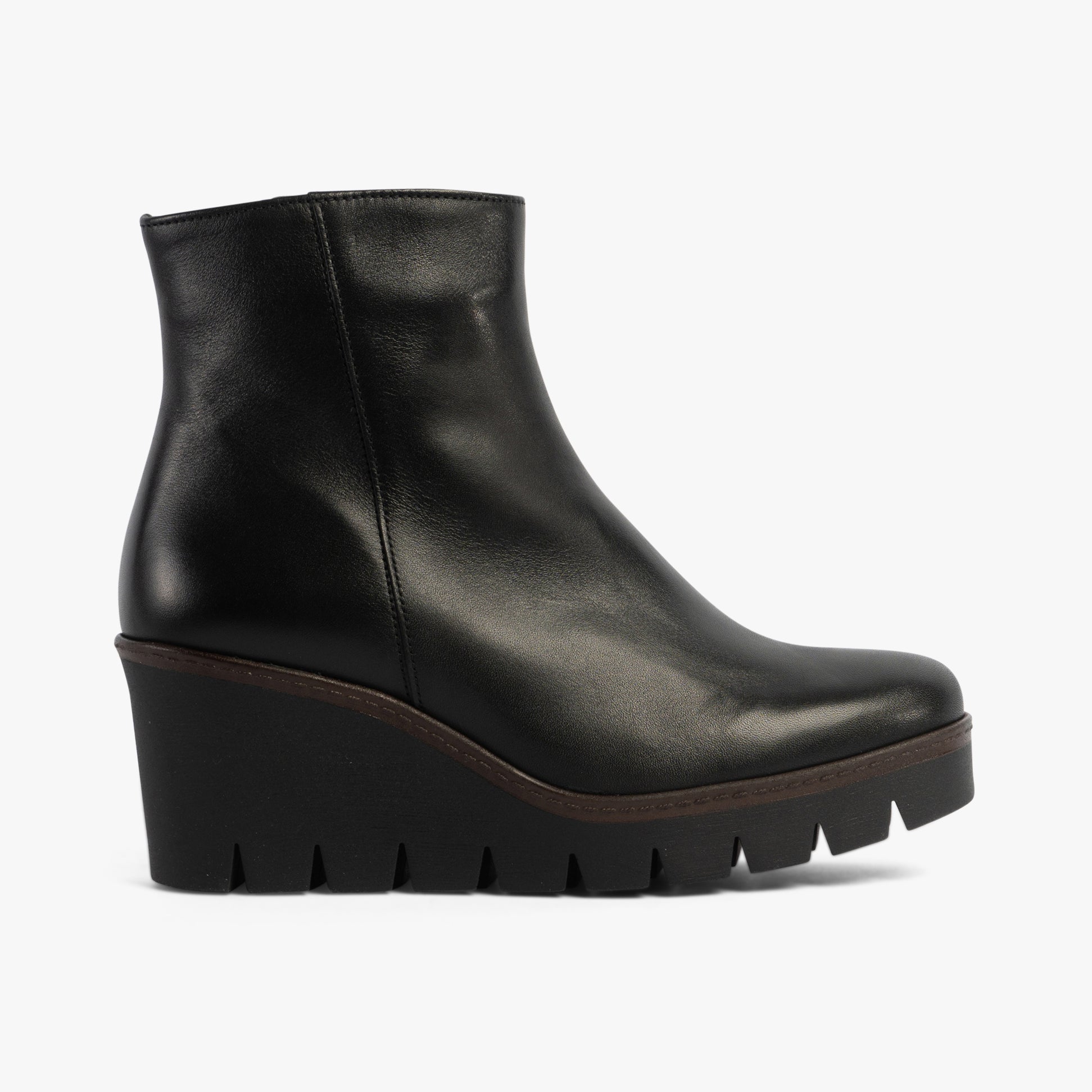 Gabor UTOPIA Womens Ankle Boots Black side view showing leather upper and wedge heel design.