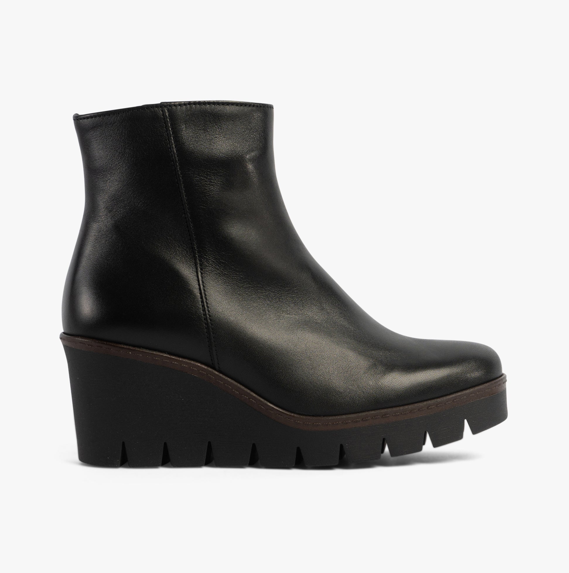 Gabor UTOPIA Womens Ankle Boots Black side view showing leather upper and wedge heel design.
