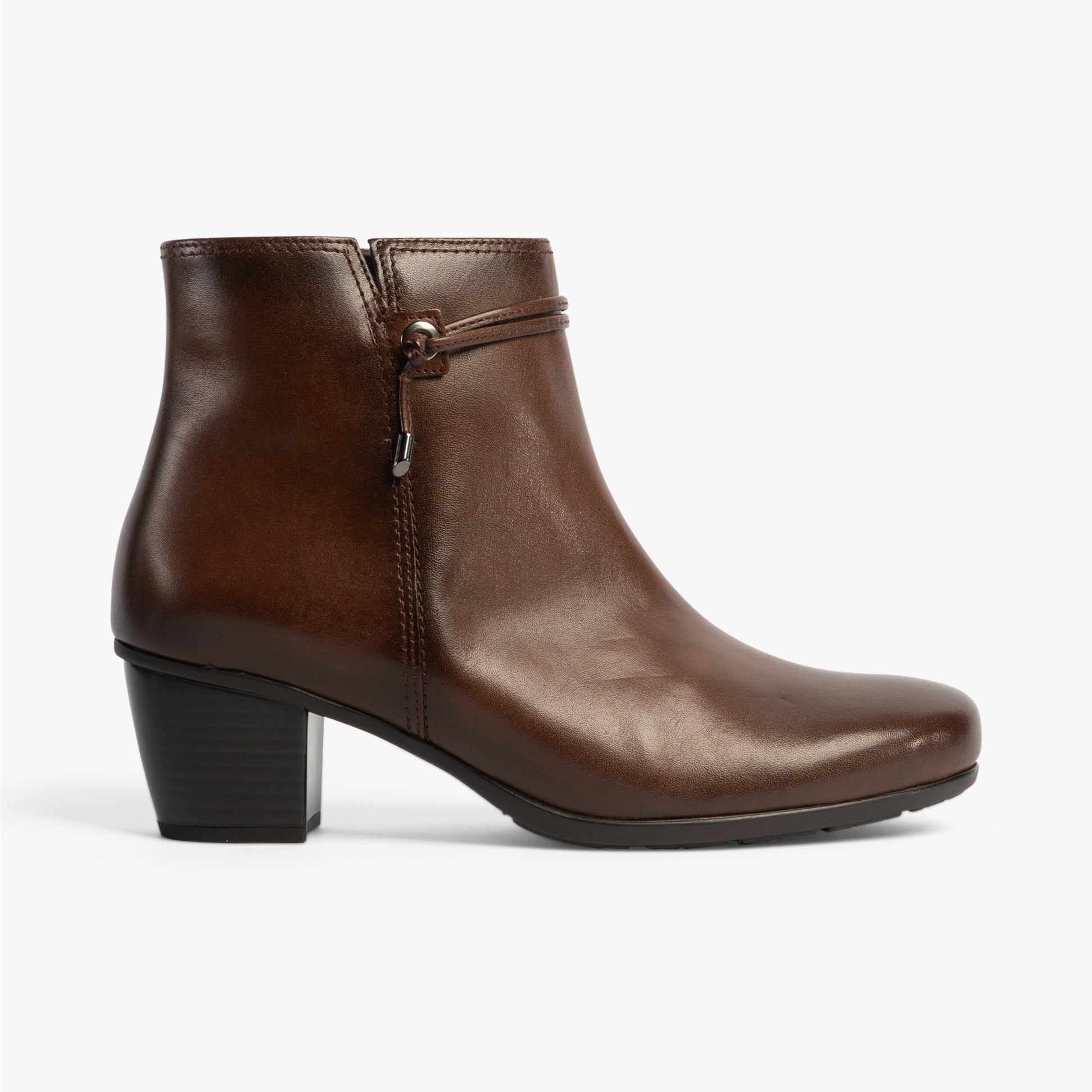 Gabor ELA Womens Ankle Boots Brown side view showing leather upper and block heel design.