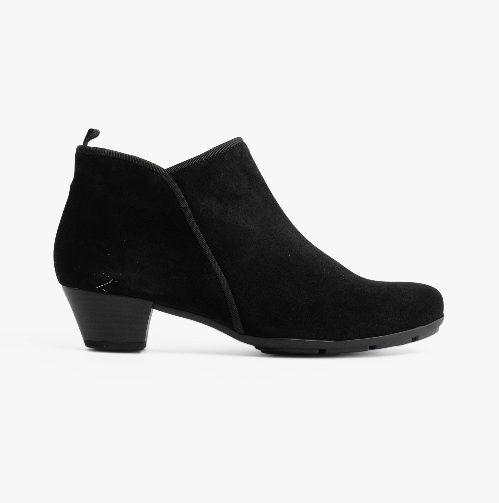 Gabor TRUDY Womens Boots Black side view showing stylish suede ankle boots with a low block heel.