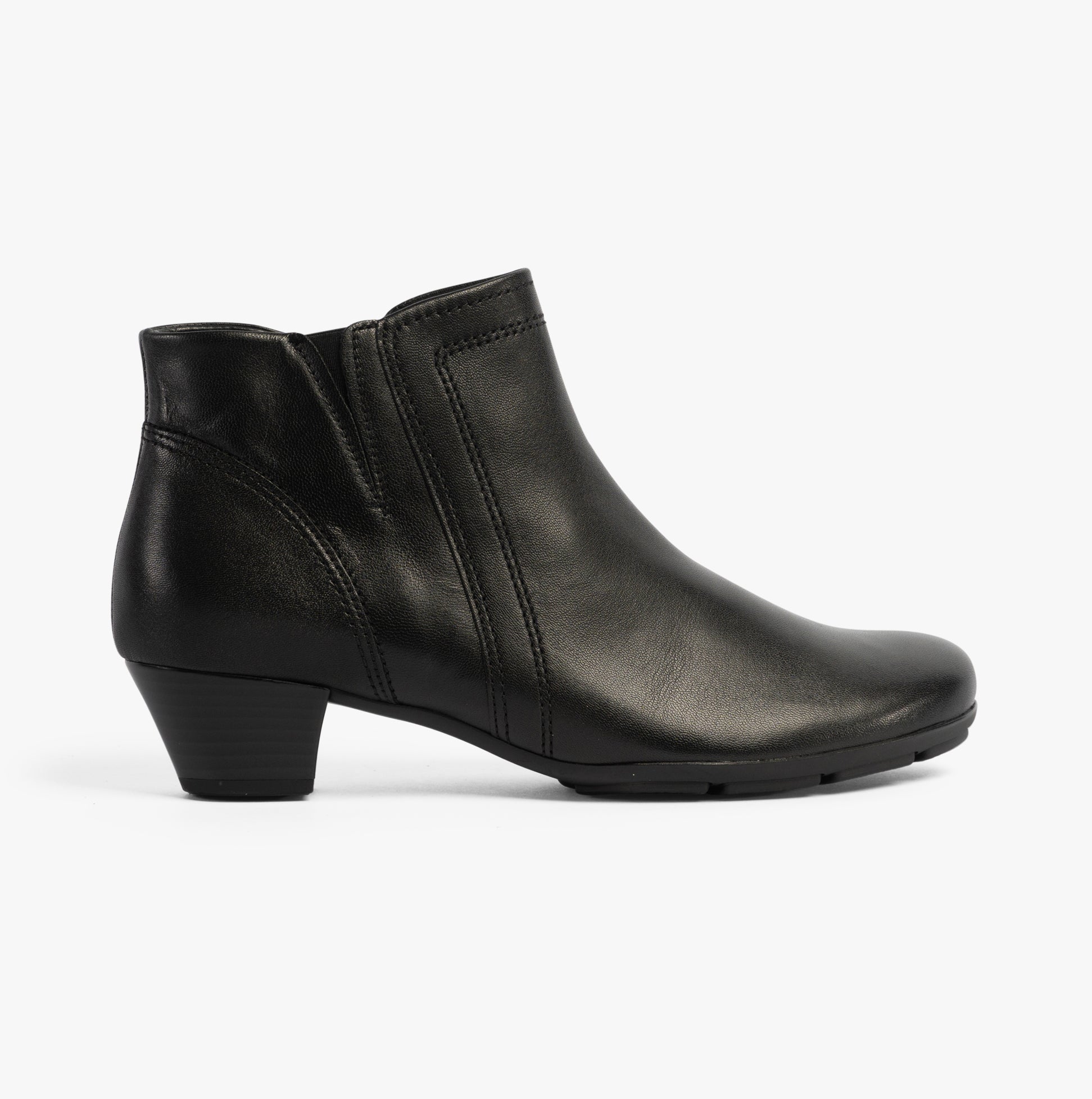 Gabor HERITAGE Womens Boots Black side view showcasing leather upper, block heel, and ankle boot design.