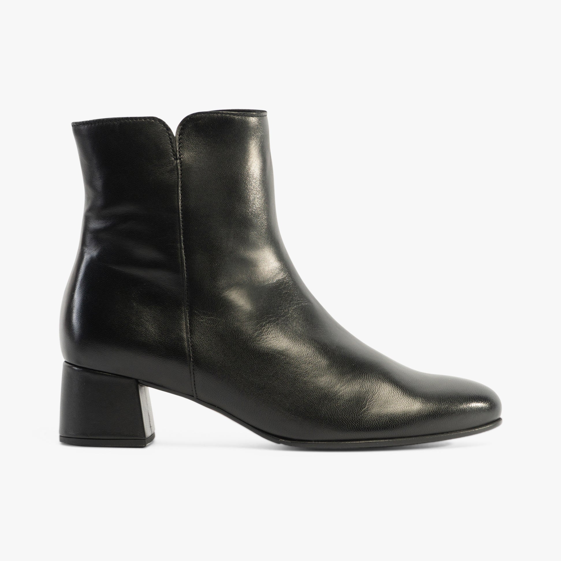 Gabor ABBEY Womens Boots Black side view showing sleek black suede ankle boots with block heel.