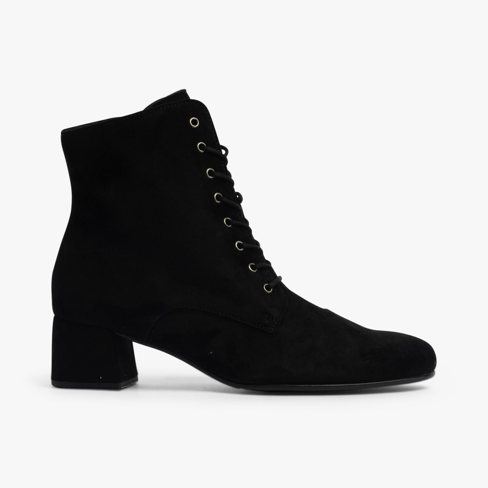 Gabor ASPEN Womens Boots Black side view featuring suede upper, lace-up closure, and block heel.