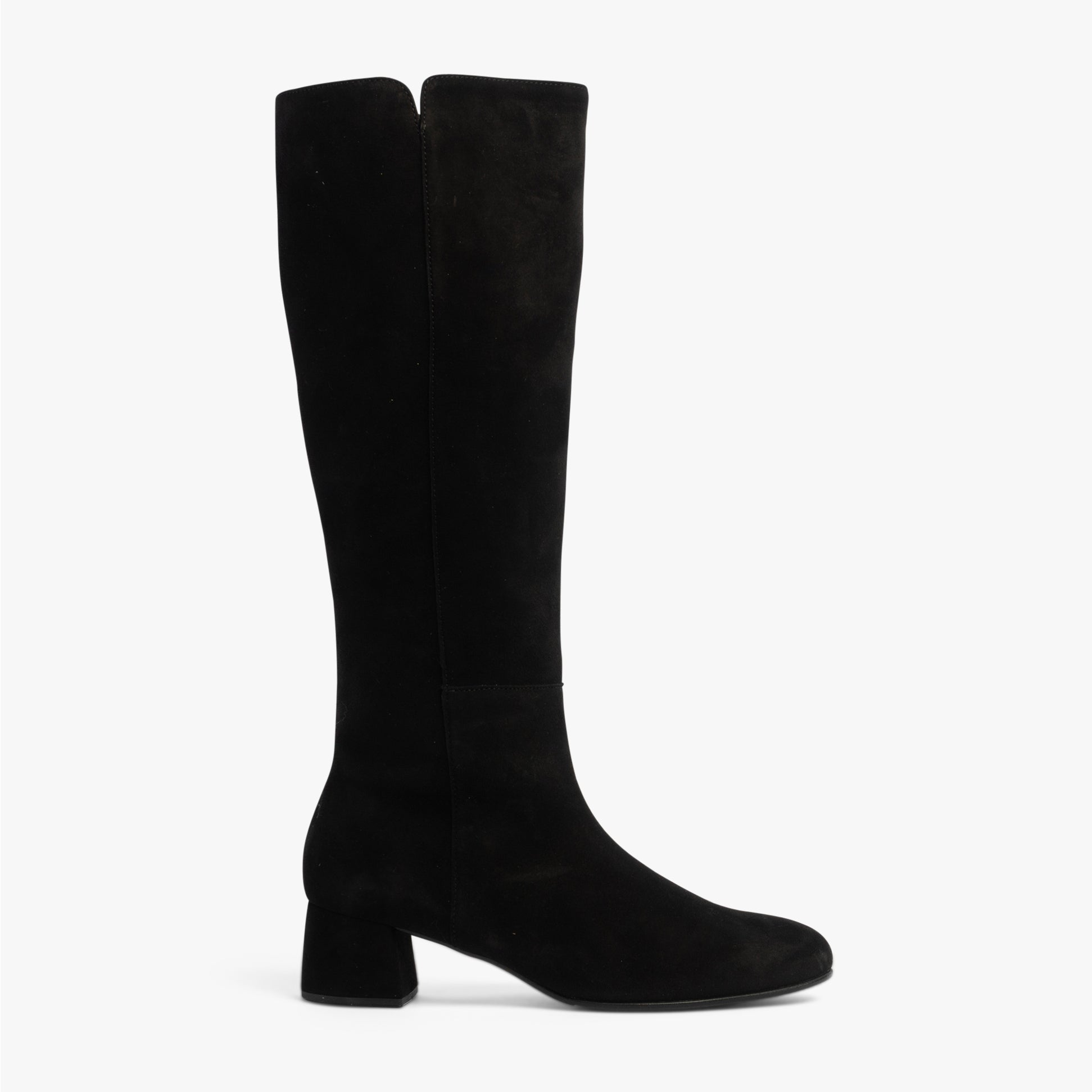 Gabor ASHBY Womens Boots Black side view showcasing tall suede design and block heel.