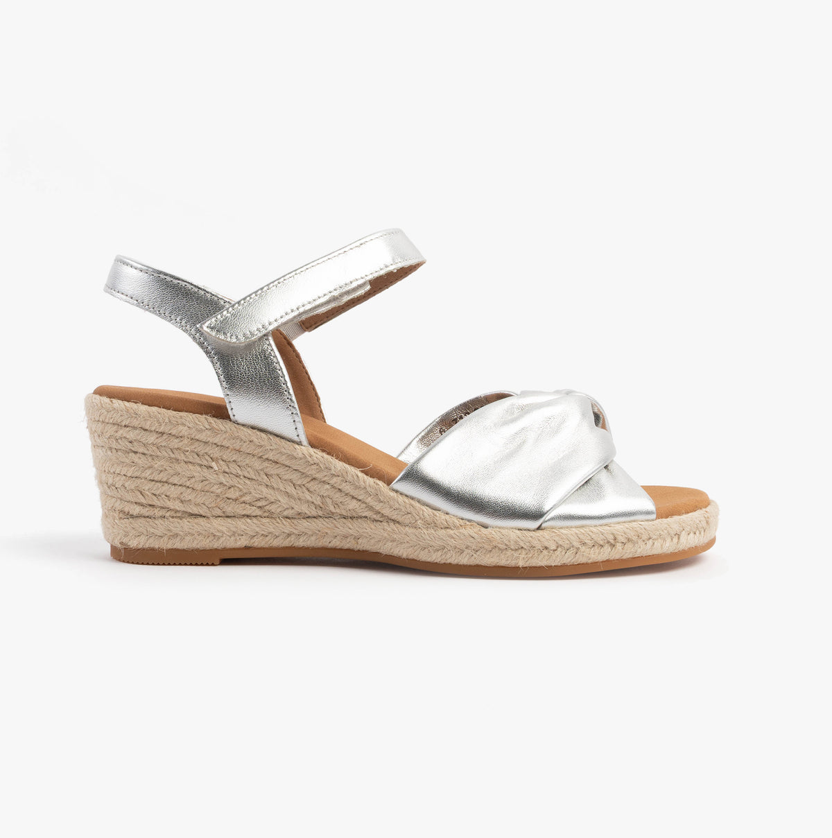 Gabor MOON Womens Sandals Silver side view showcasing leather upper, wedge heel and touch fasten closure.