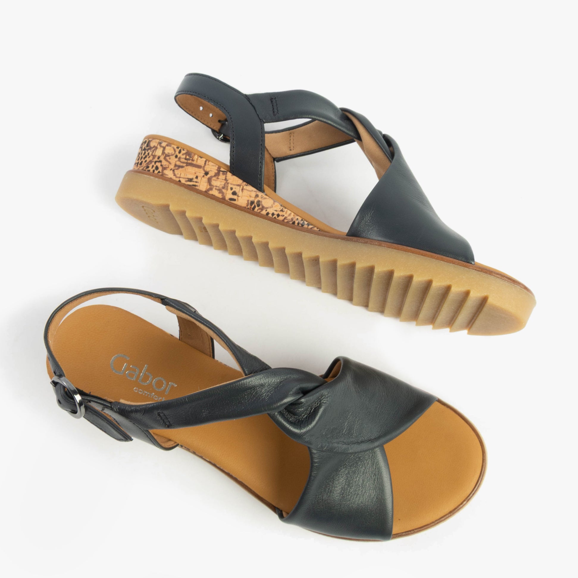 Gabor RICH Womens Sandals Dark Navy top view and side view showcasing the leather upper and wedge heel.