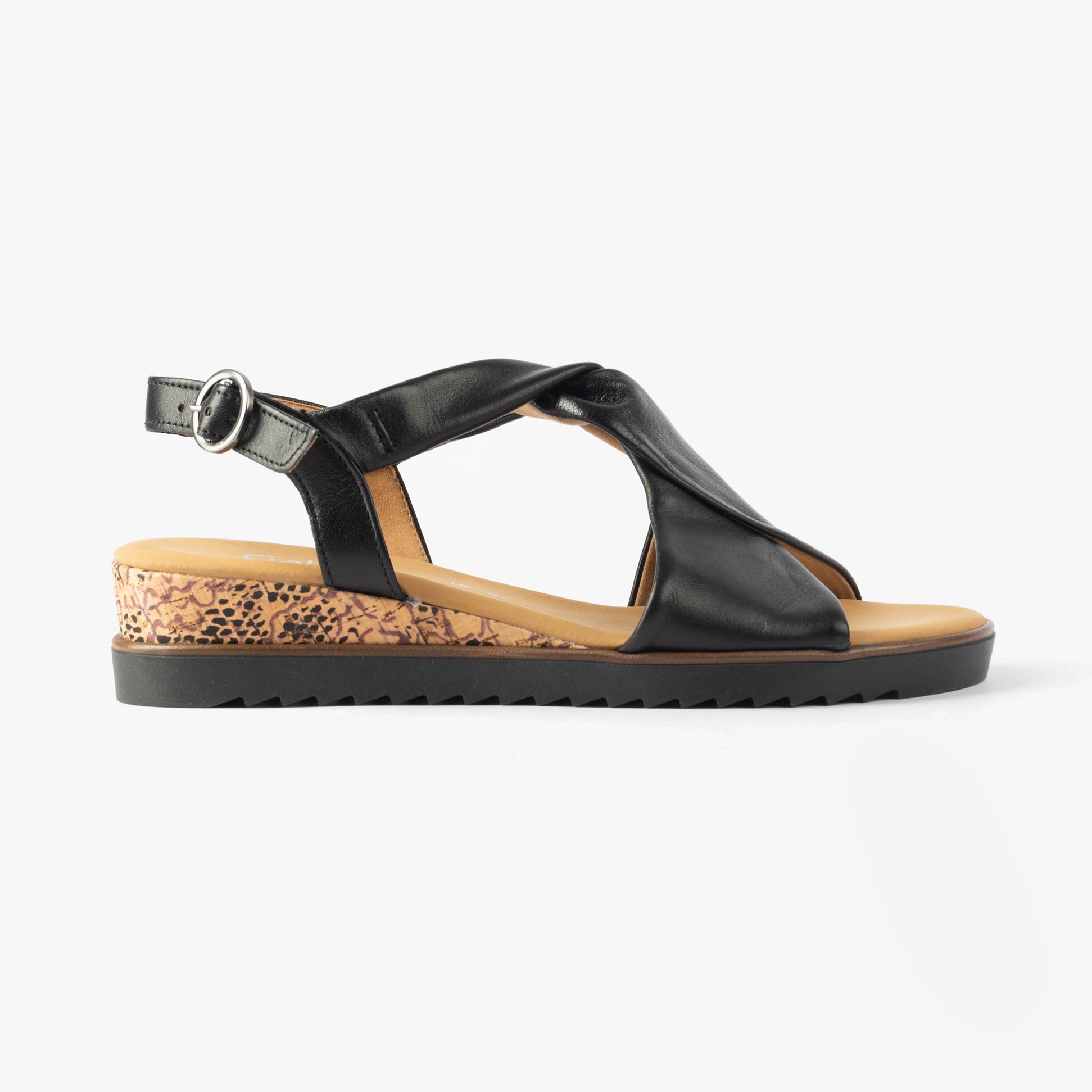 Gabor RICH Womens Sandals Black side view, leather upper, lightweight wedge heel, stylish design.