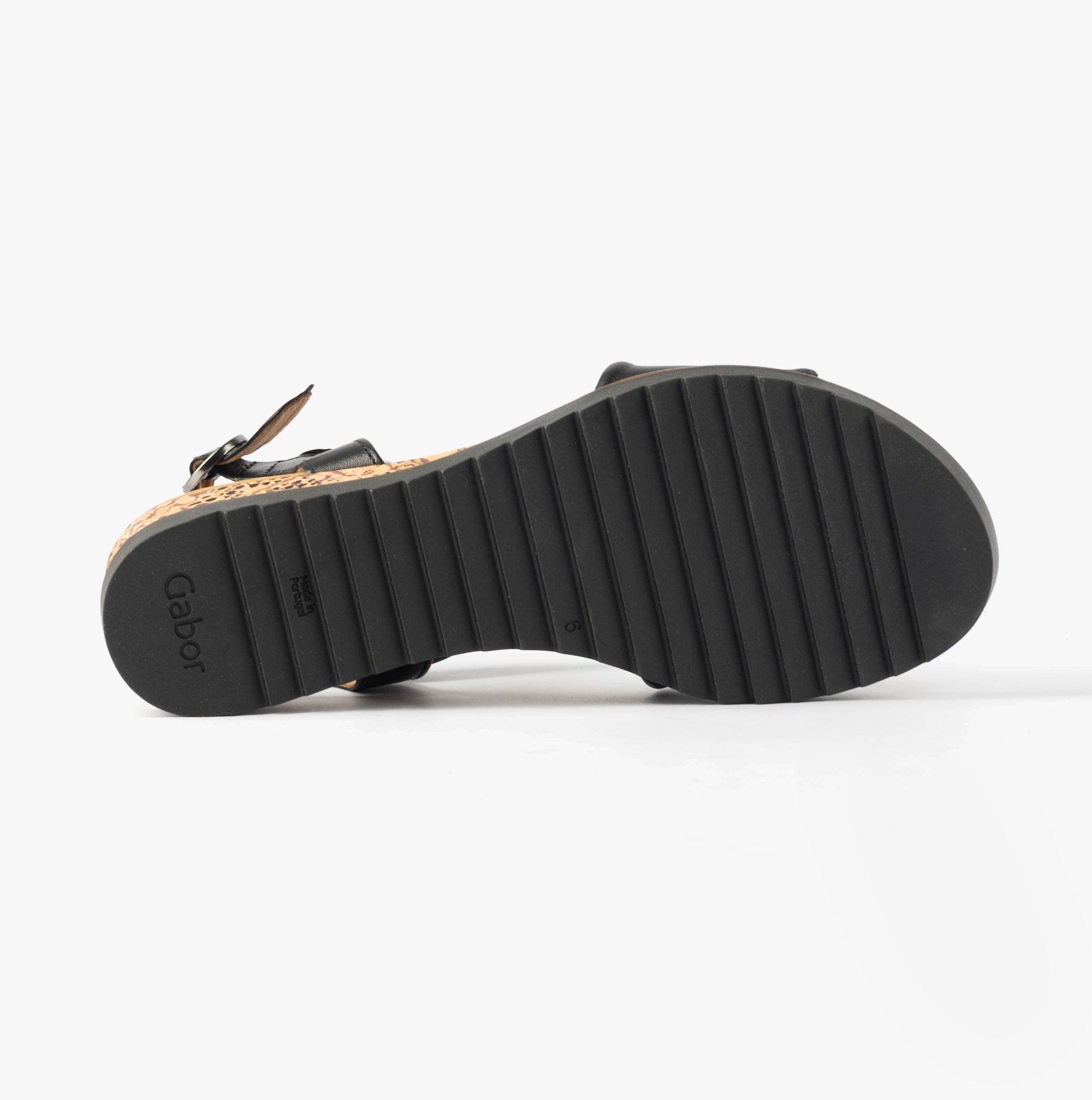 Gabor RICH Womens Sandals Black bottom view showcasing rubber sole and buckle detail.